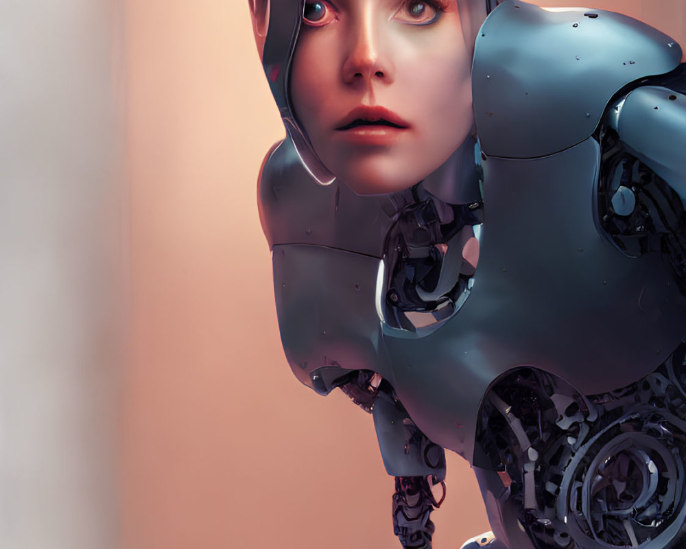 Detailed Humanoid Female Robot with Lifelike Mechanical Parts and Soft Background