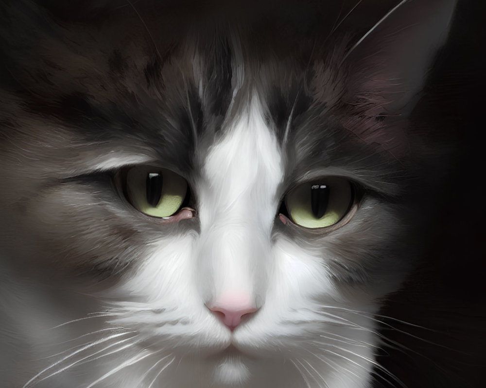 Fluffy gray and white cat with green eyes in close-up shot