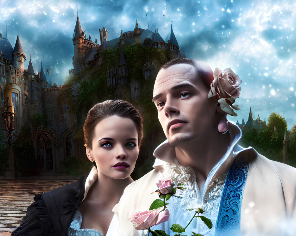 Man and woman in historical attire with castle backdrop and starry sky.