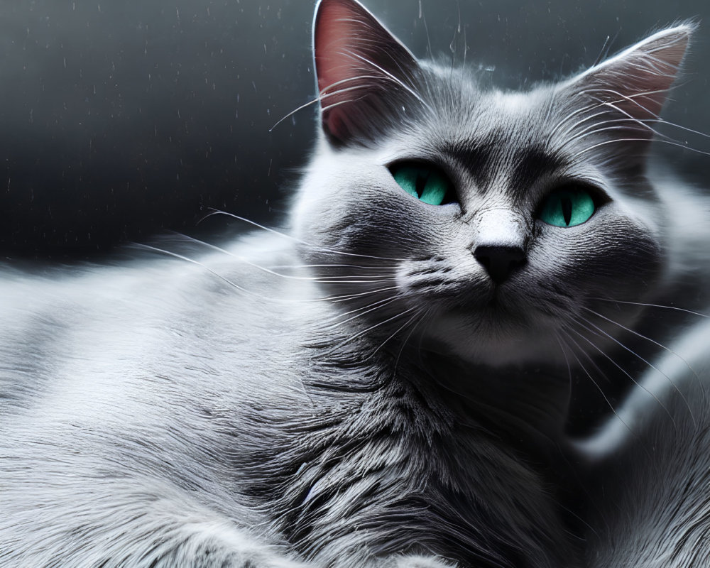 Grey Cat with Green Eyes in Soft Lighting and Raindrops Background