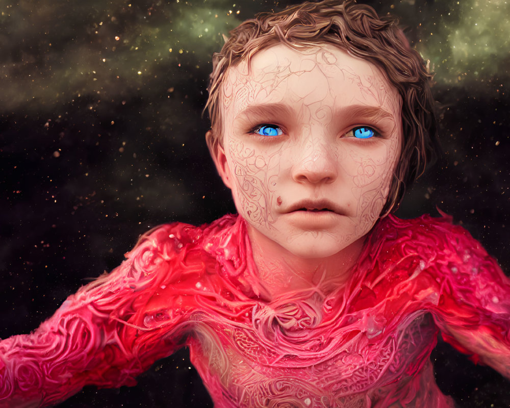 Child with Blue Eyes in Red Garment Against Cosmic Background