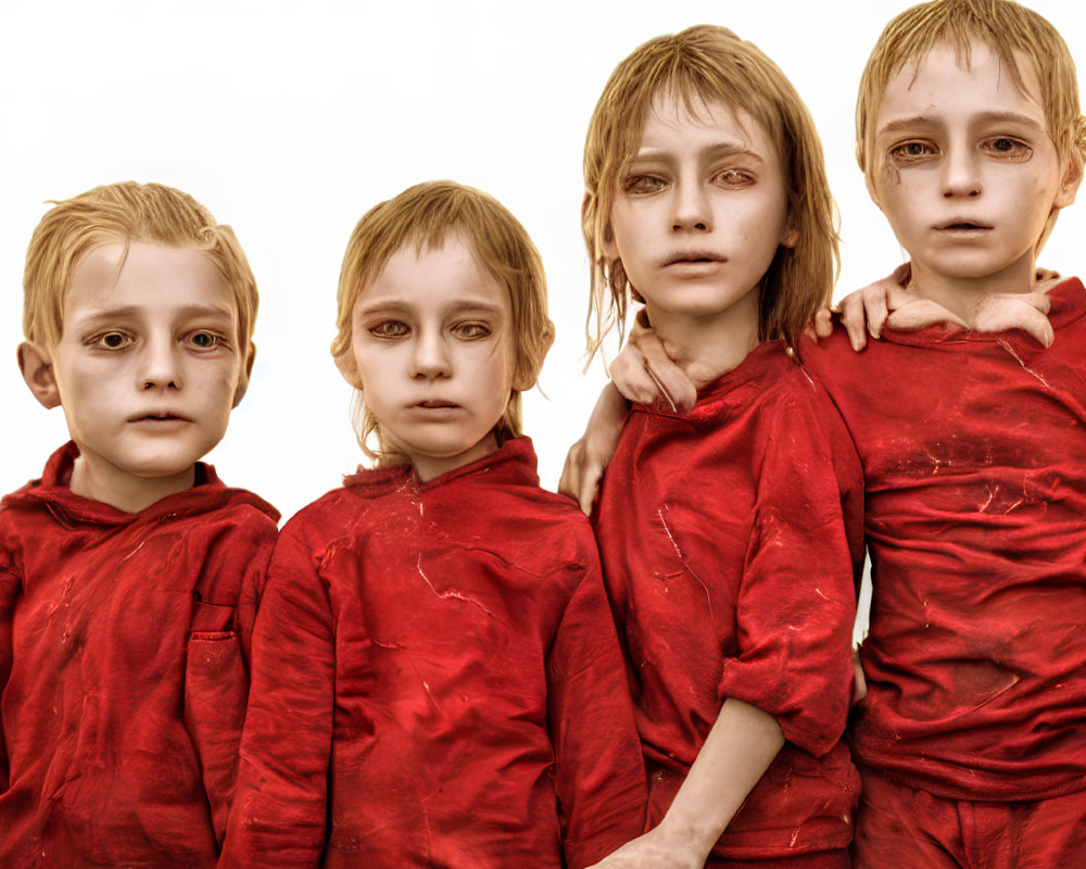 Four Children in Dusty Red Outfits Stand Together