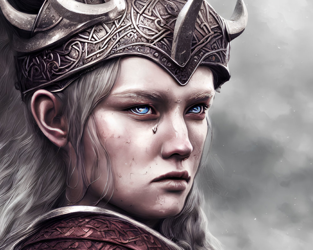 Female warrior digital artwork: metallic helmet with horns, intricate designs, pale skin, blue eyes, single