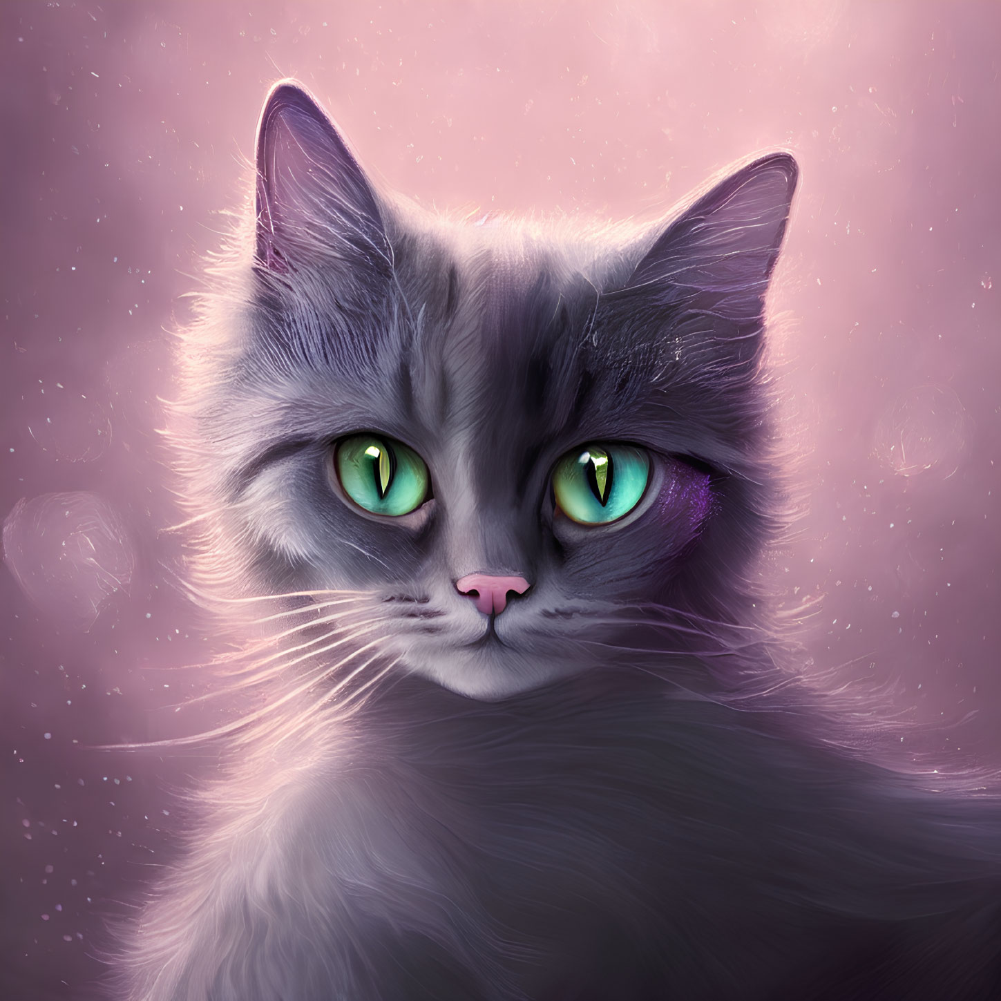 Fluffy grey cat with green eyes in pink and purple cosmic setting