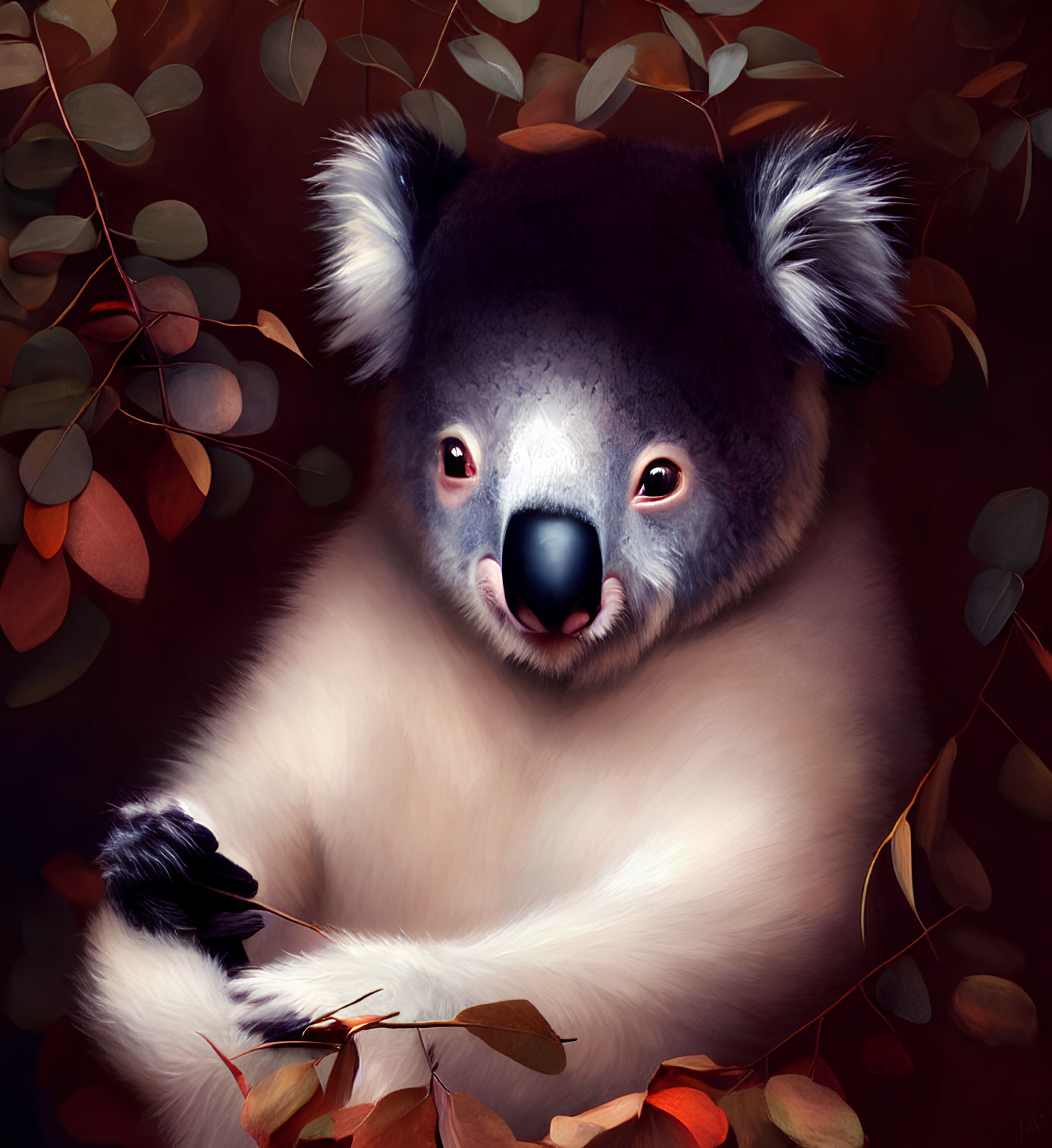 Cozy Koala Digital Illustration Surrounded by Autumn Leaves