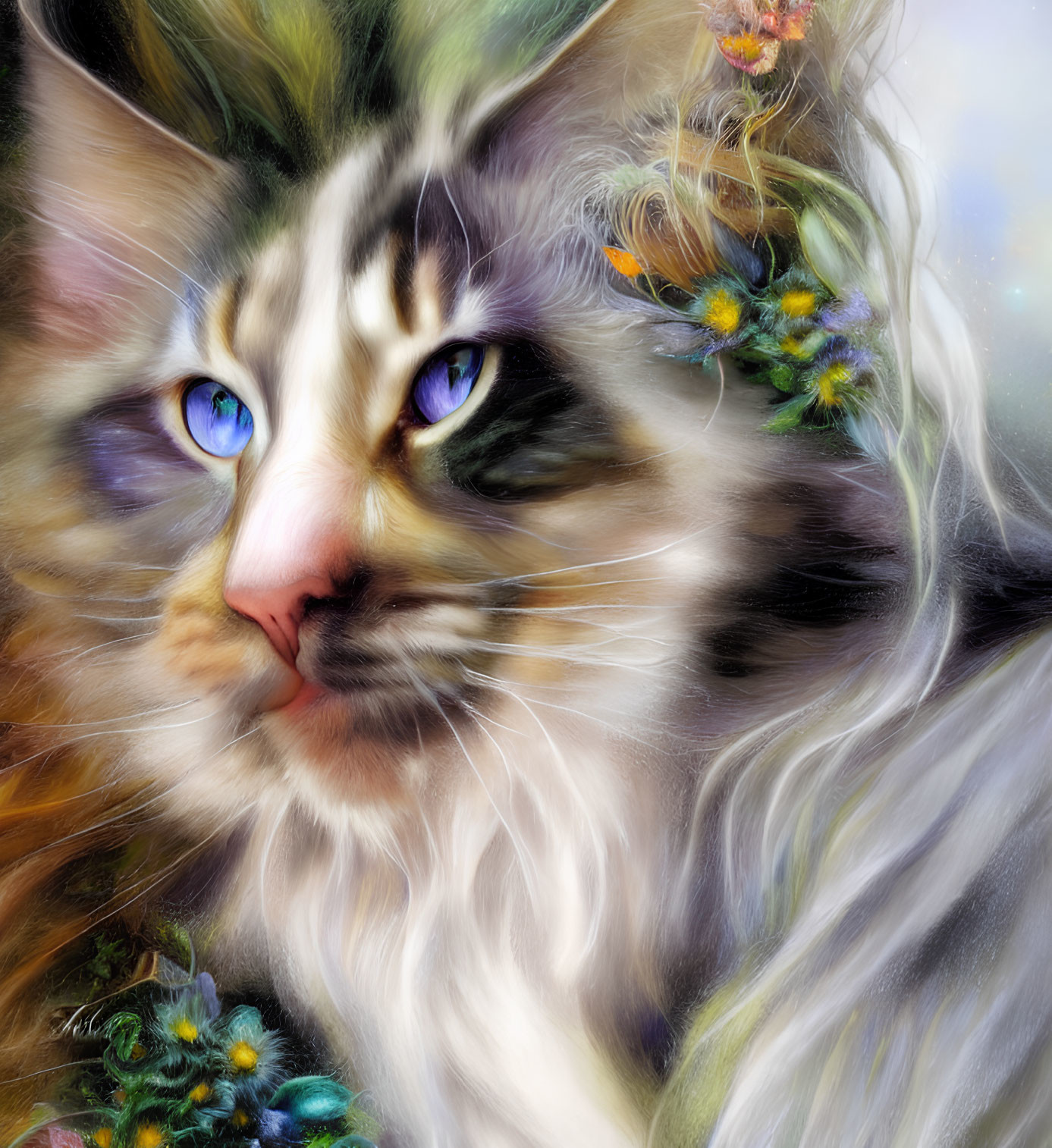 Digital painting of a cat with blue eyes and floral fur