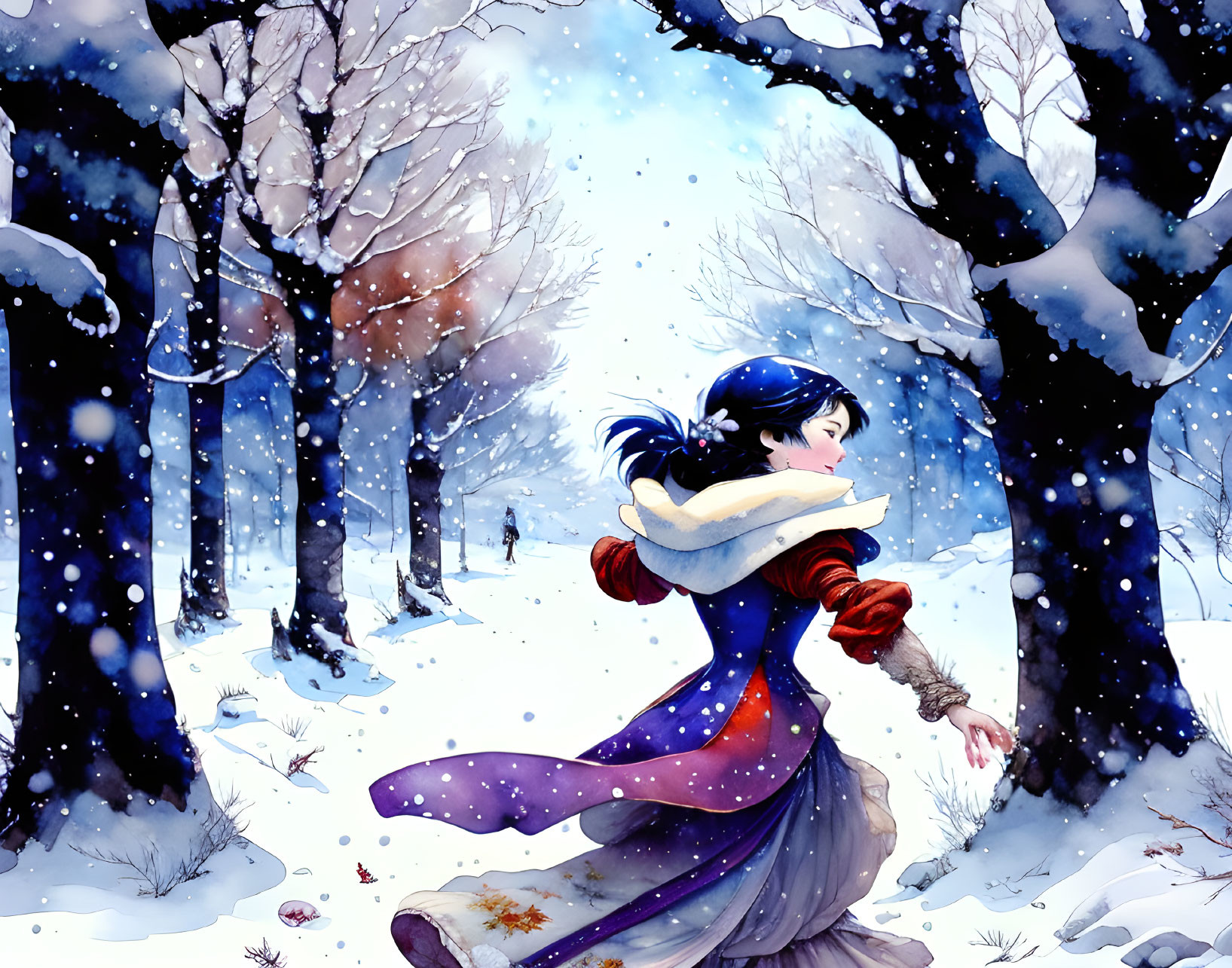 Girl in Purple Dress Observing Figure in Snowy Forest