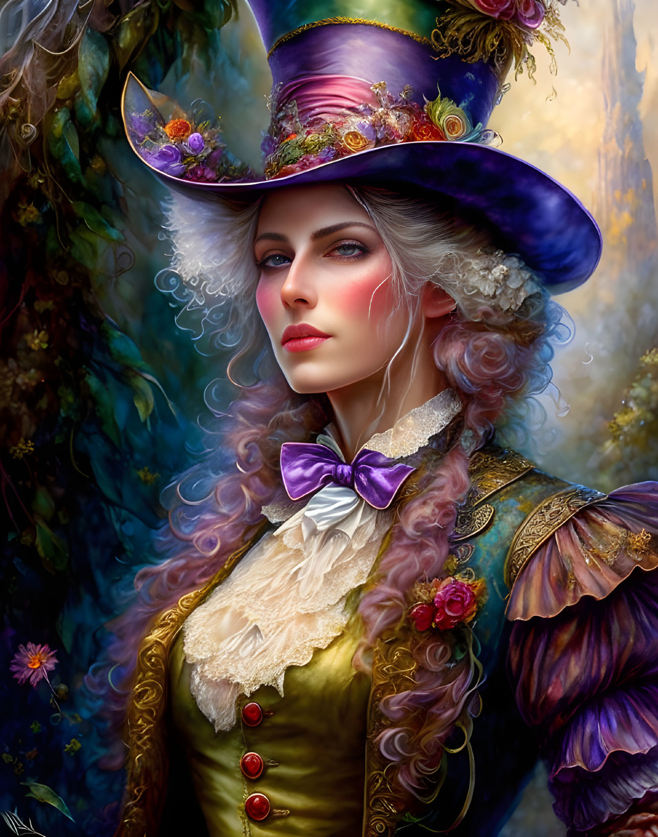 Victorian woman digital painting with vibrant floral hat