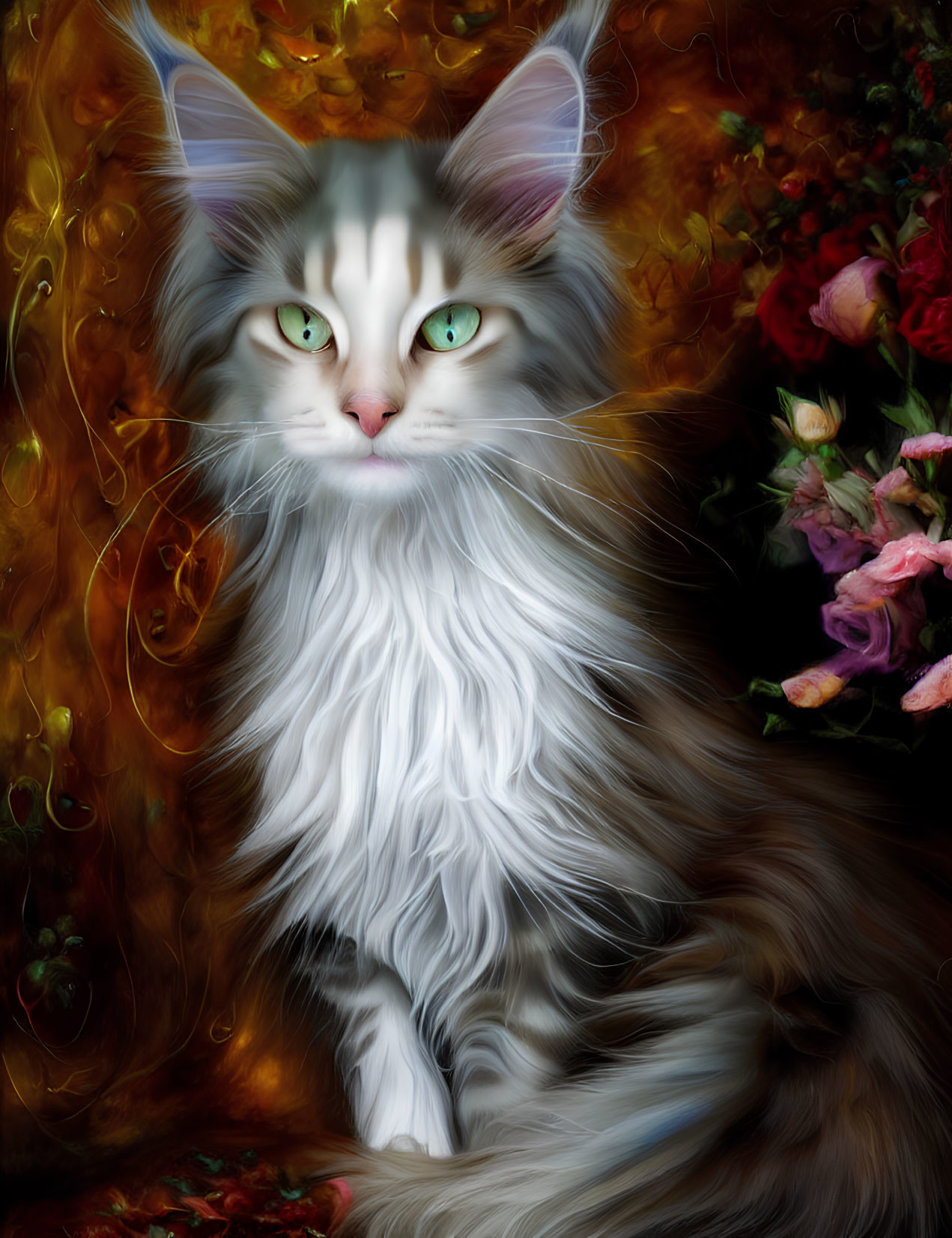 Long-Haired Cat with Green Eyes in Colorful Floral Setting