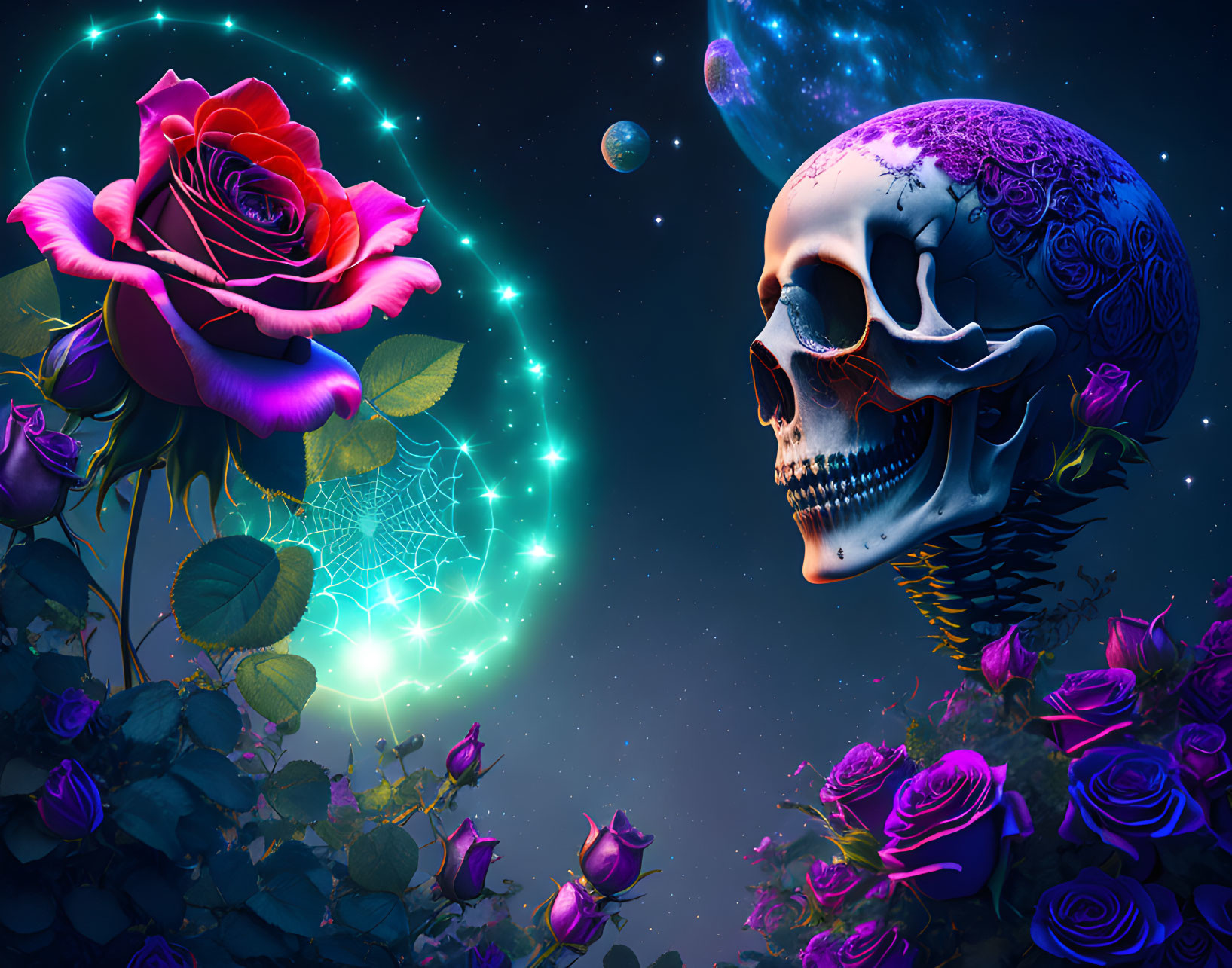 Neon-glowing rose and decorated skull in cosmic digital art