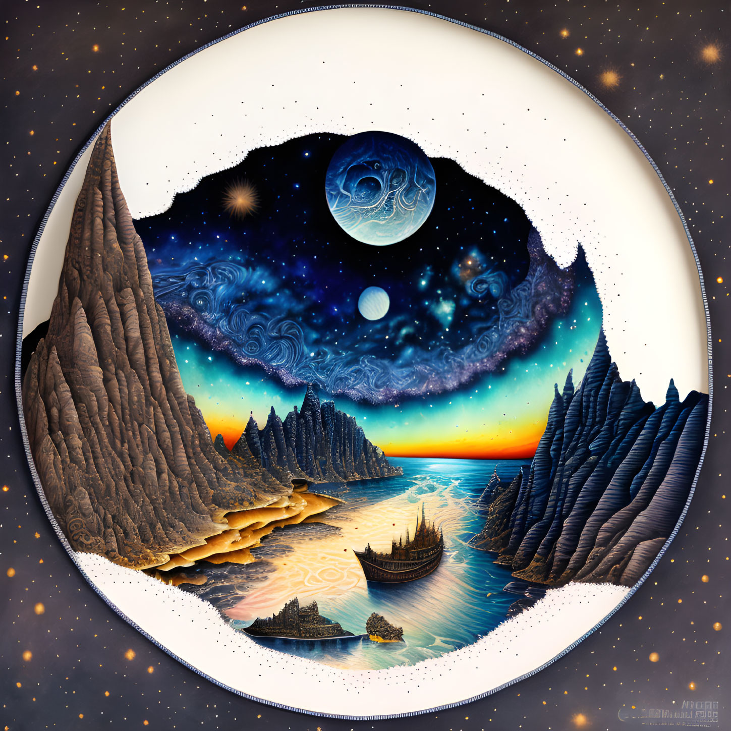 Fantastical landscape with rocky peaks, starry sky, glowing sea, and sun motif beach.