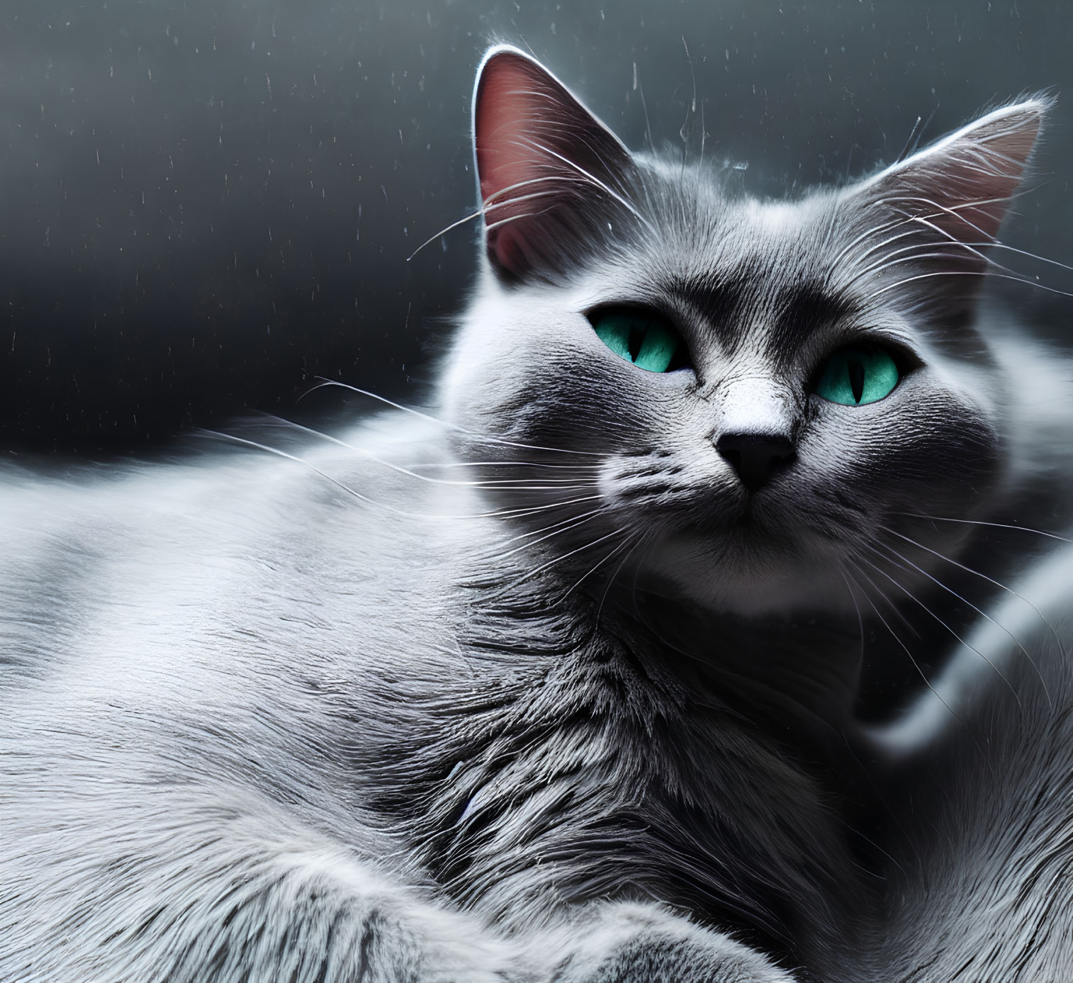 Grey Cat with Green Eyes in Soft Lighting and Raindrops Background