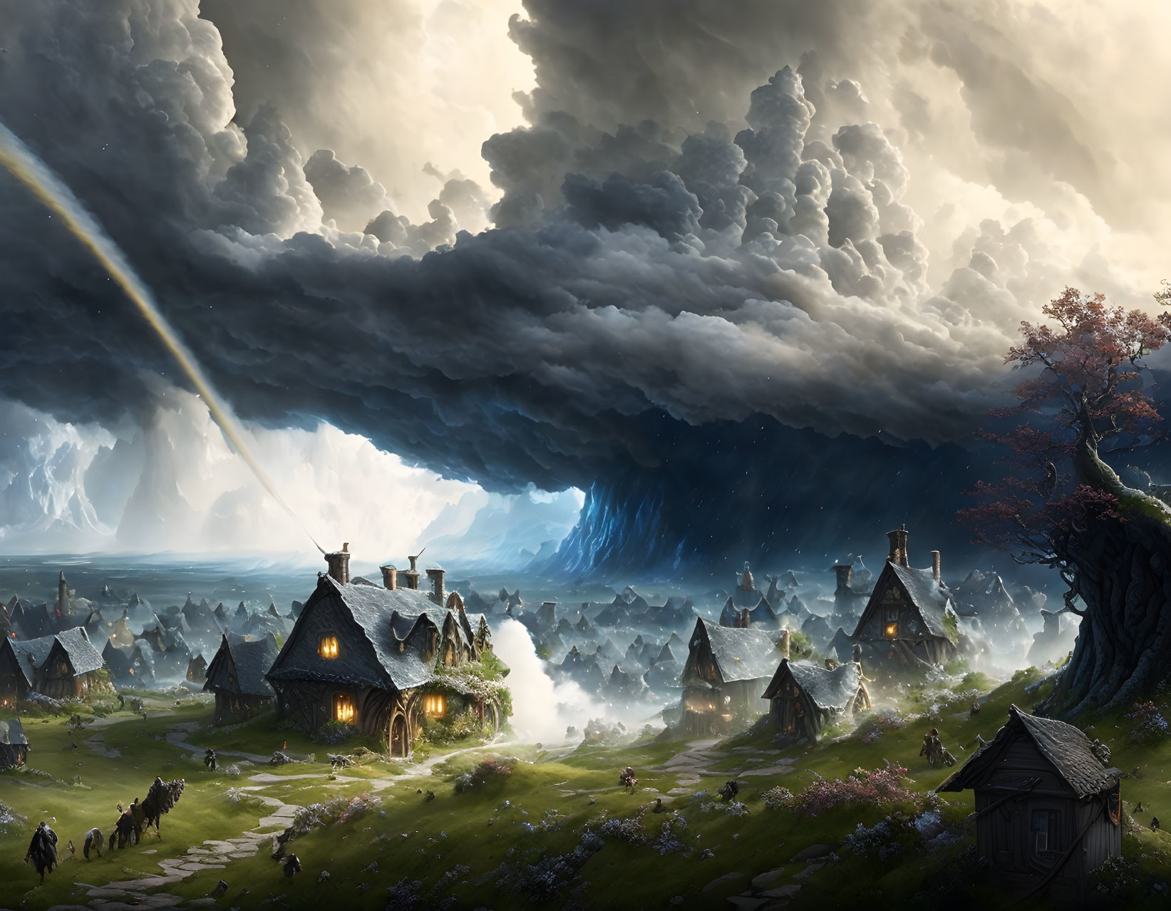 Thatched-Roof Fantasy Village under Stormy Sky