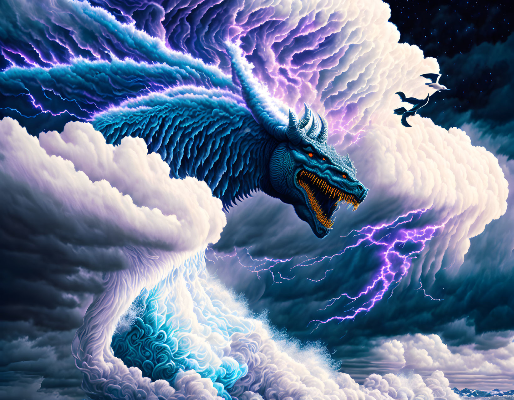 Blue dragon with lightning in stormy sky with raven - fantasy scene