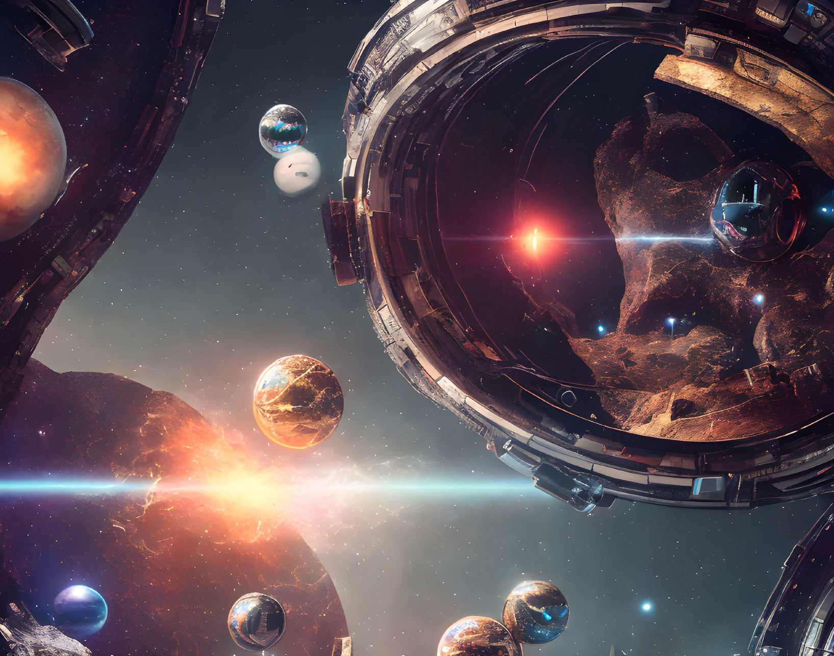 Colorful cosmic gateway and floating spheres in vibrant space scene.