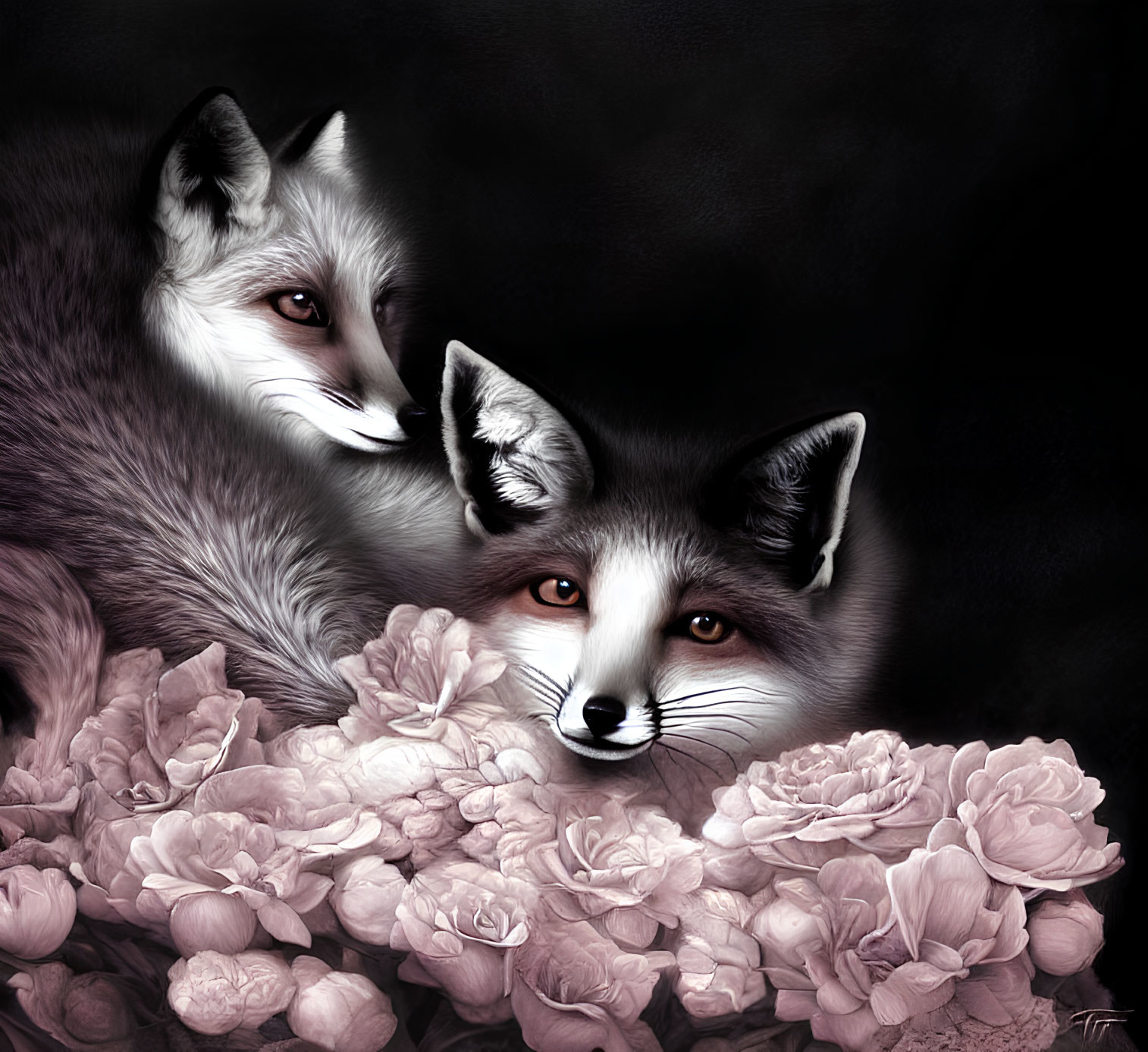 Realistic foxes with expressive eyes among pink peonies on dark backdrop