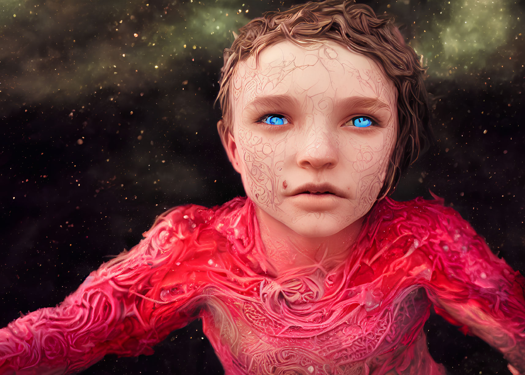 Child with Blue Eyes in Red Garment Against Cosmic Background