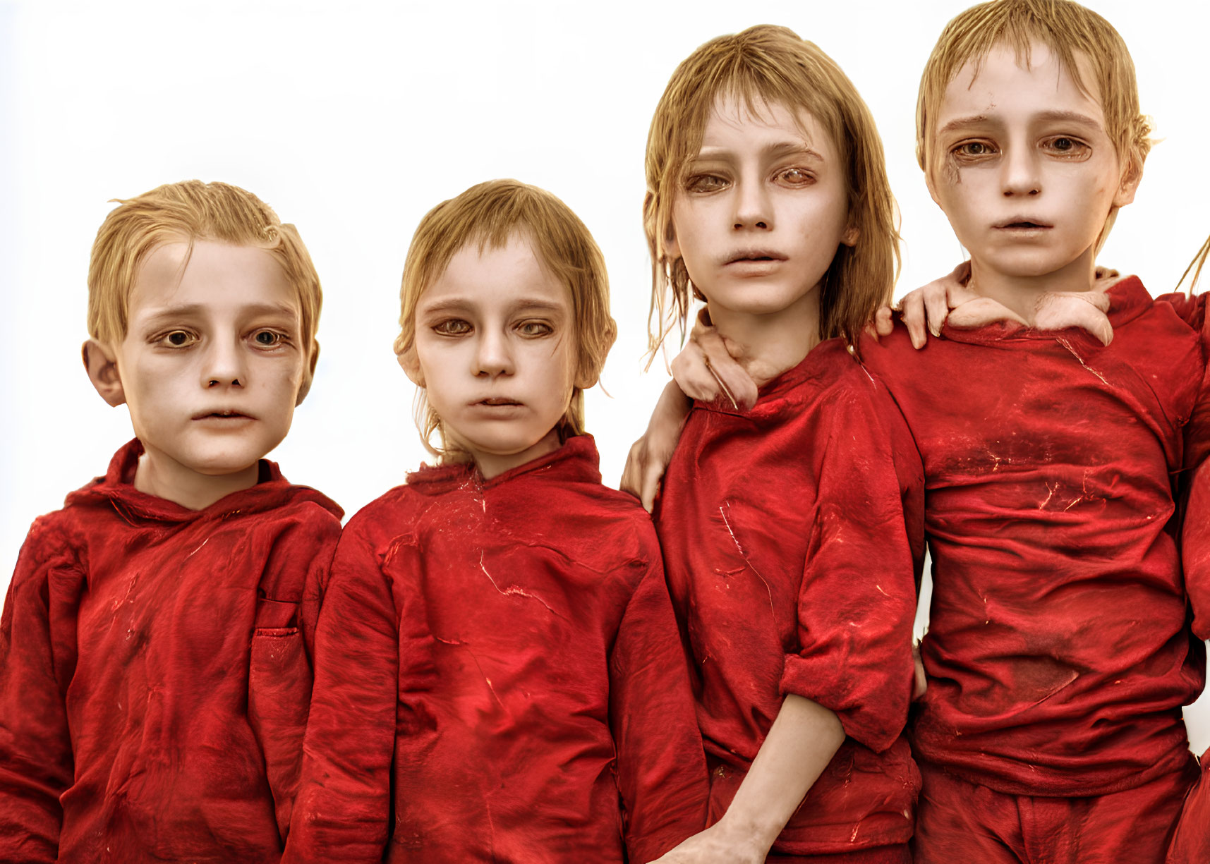 Four Children in Dusty Red Outfits Stand Together