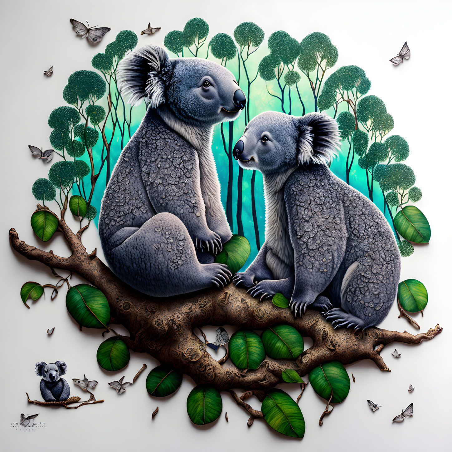 Stylized illustration of two koalas on a branch with eucalyptus trees and