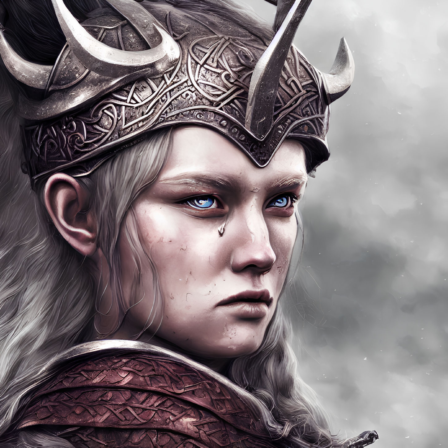 Female warrior digital artwork: metallic helmet with horns, intricate designs, pale skin, blue eyes, single