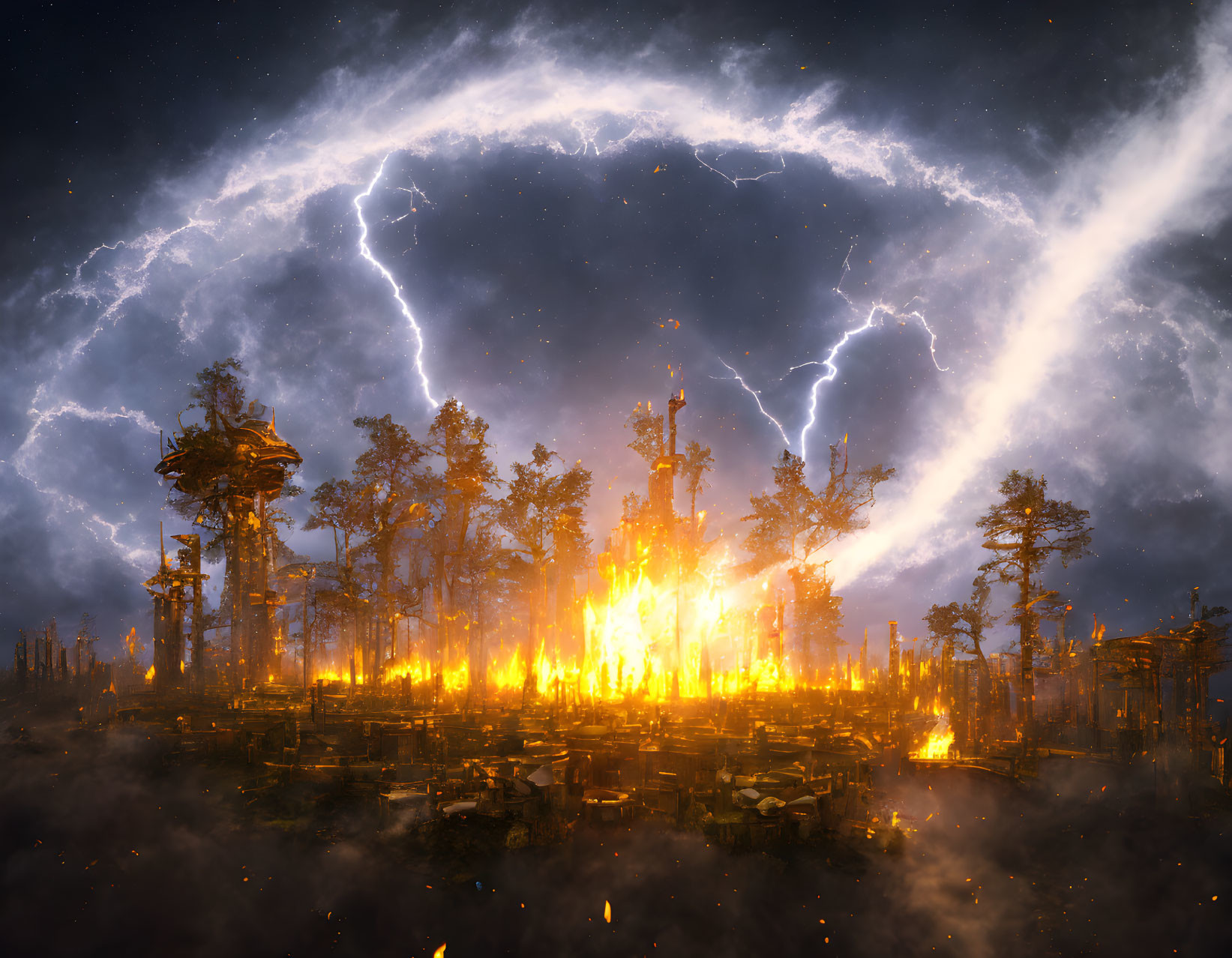 Forest Fire Scene: Nighttime with Stormy Sky and Lightning Ring