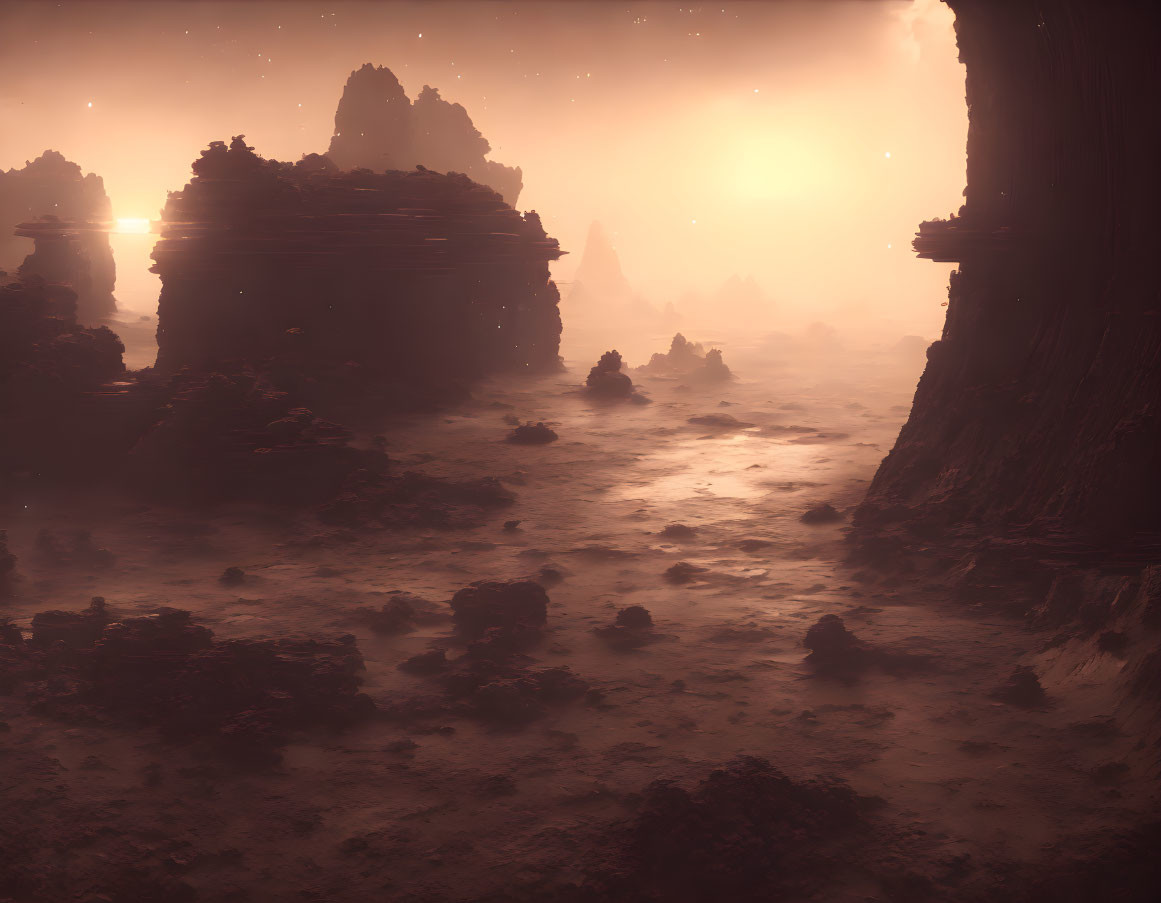 Alien landscape with towering dark rock formations under hazy amber sky