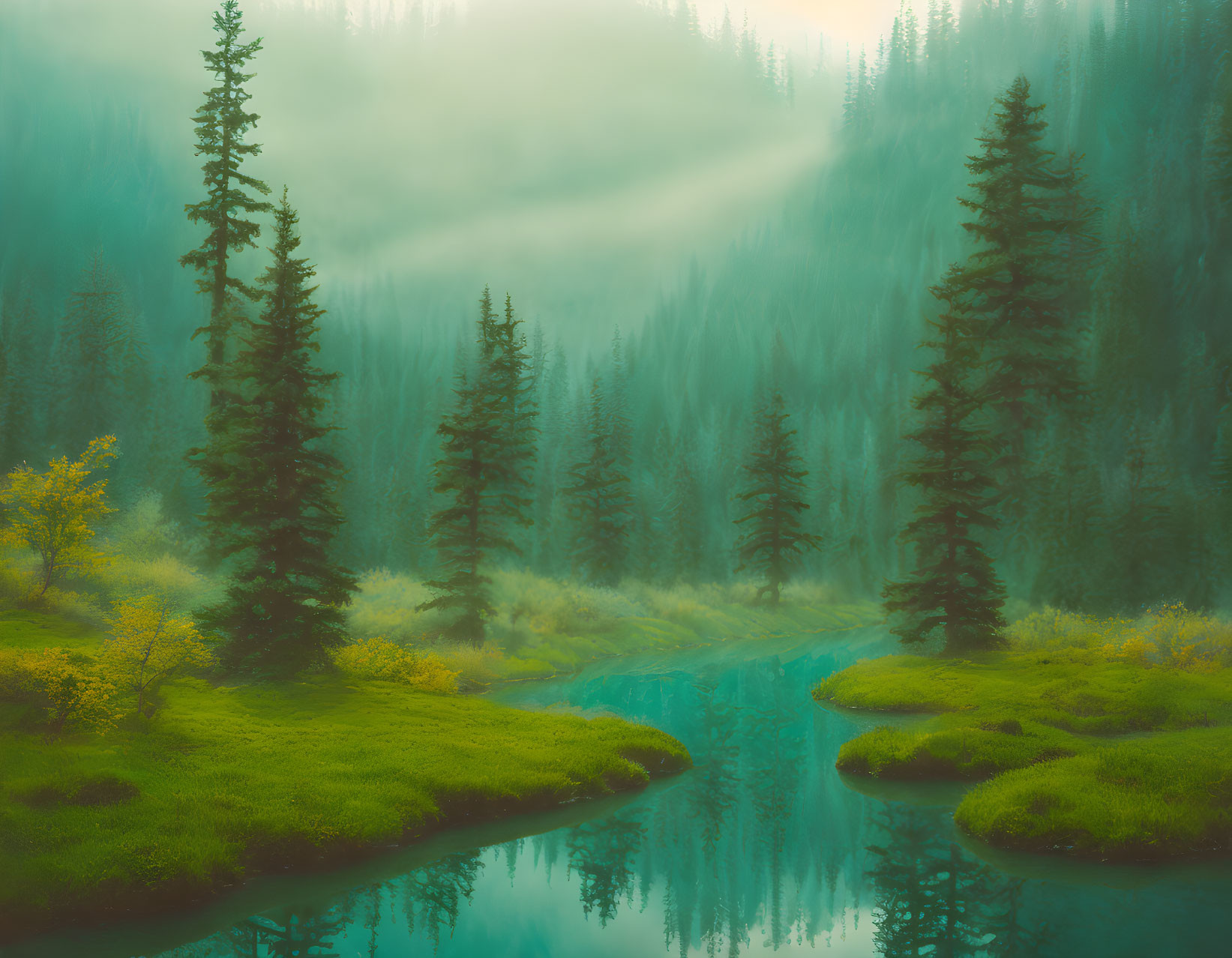 Tranquil forest landscape with tall pine trees, calm river, and golden-hued fog