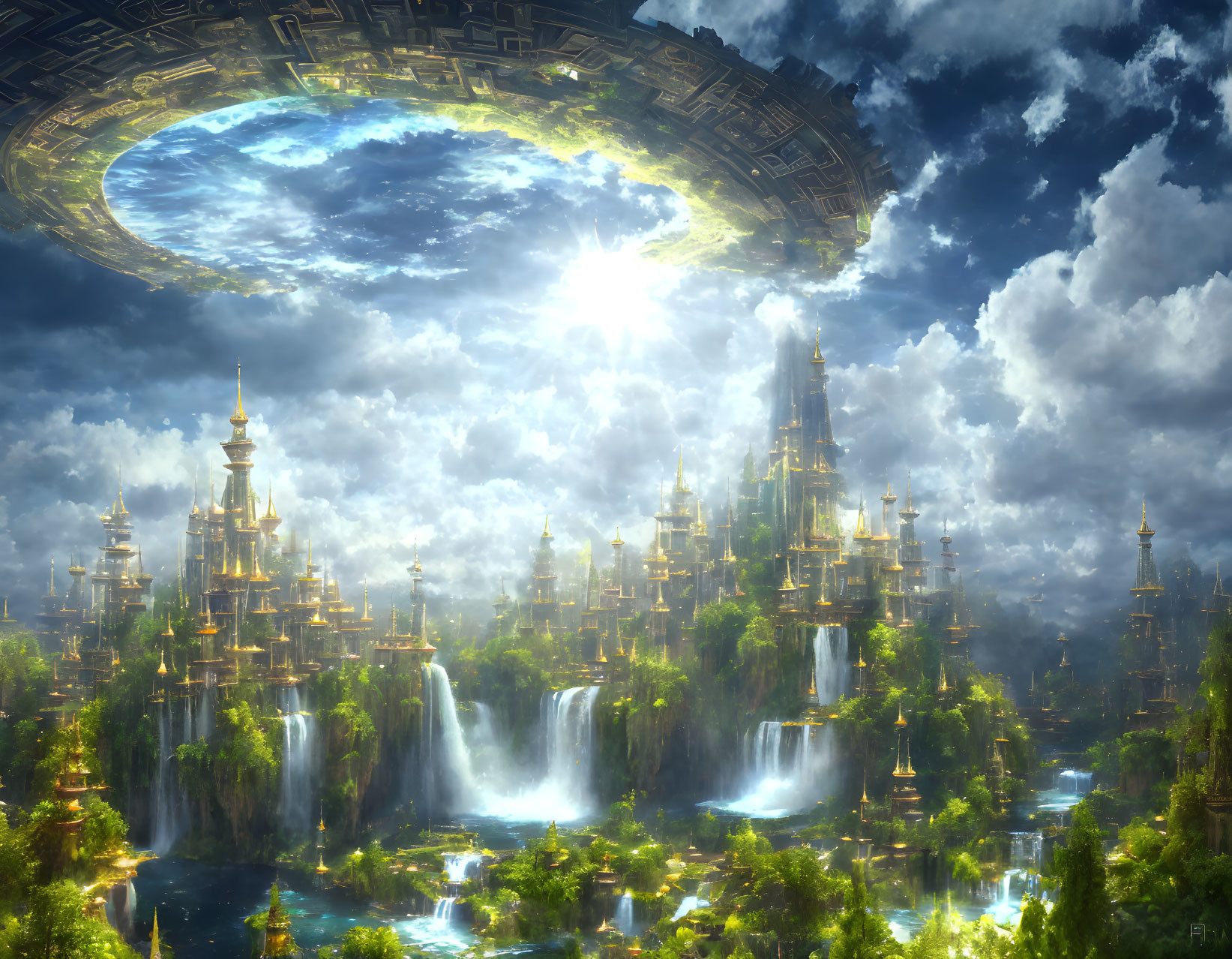 Futuristic cityscape with waterfalls, greenery, spires, and hovering spacecraft