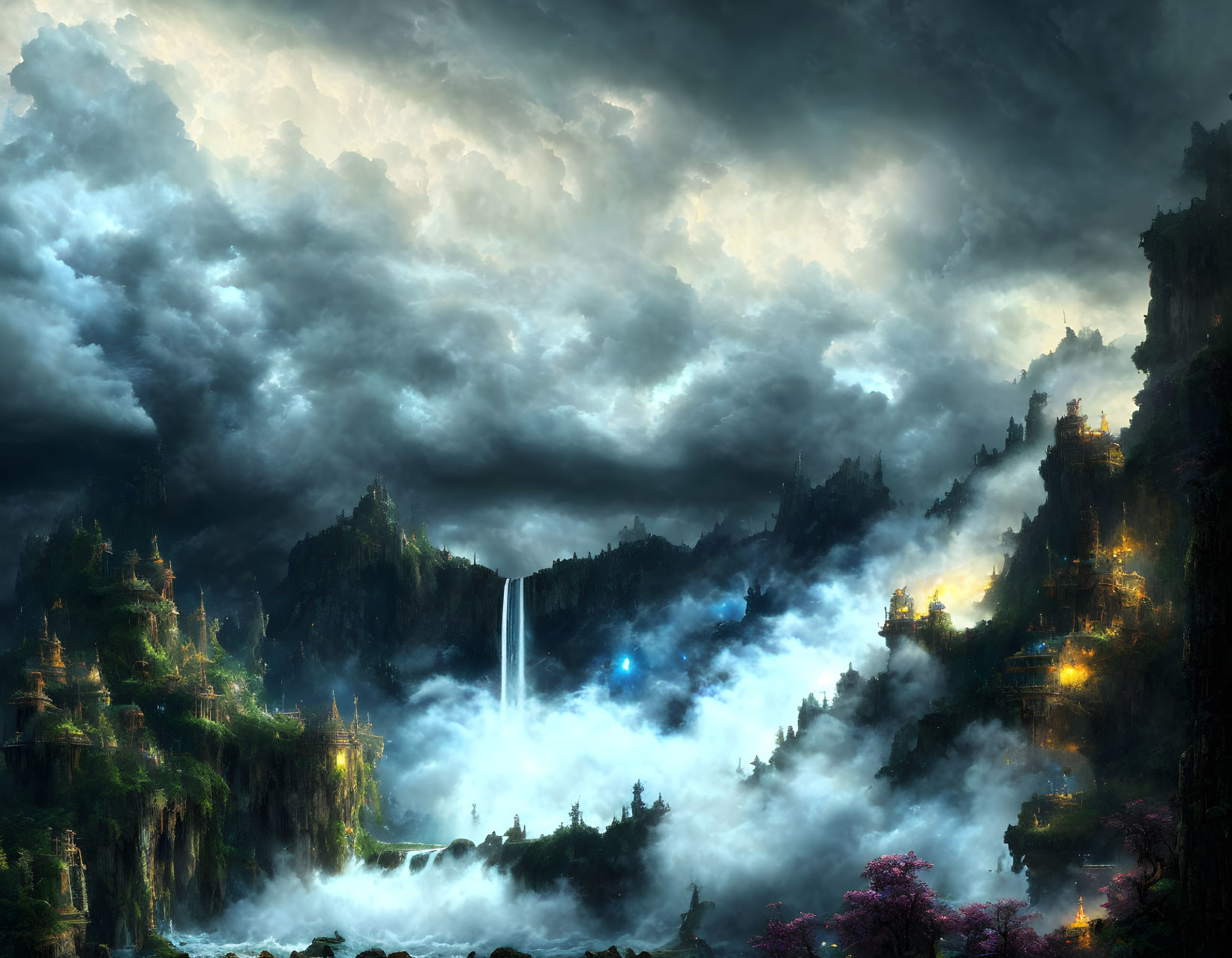 Mystical landscape with illuminated waterfalls and towering cliffs