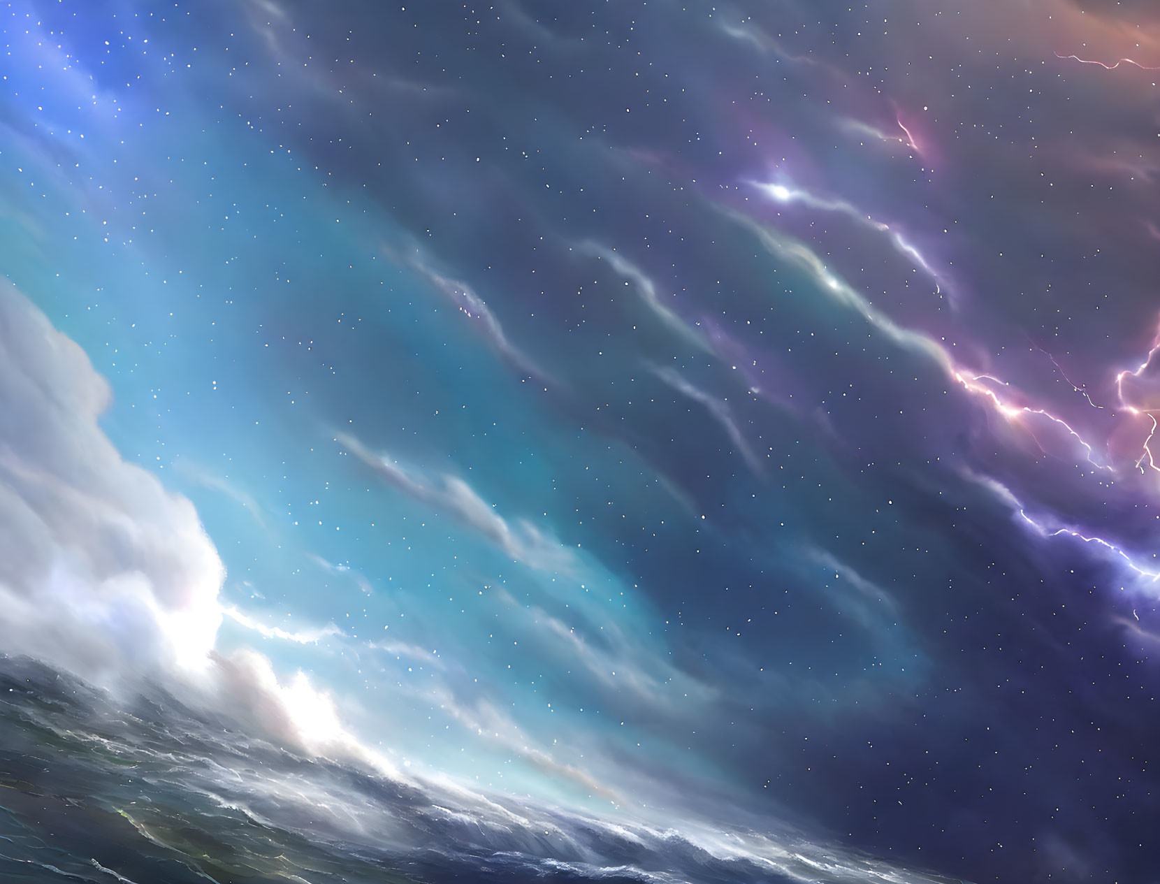 Ethereal cosmic sky with nebulous clouds and lightning over dark ocean