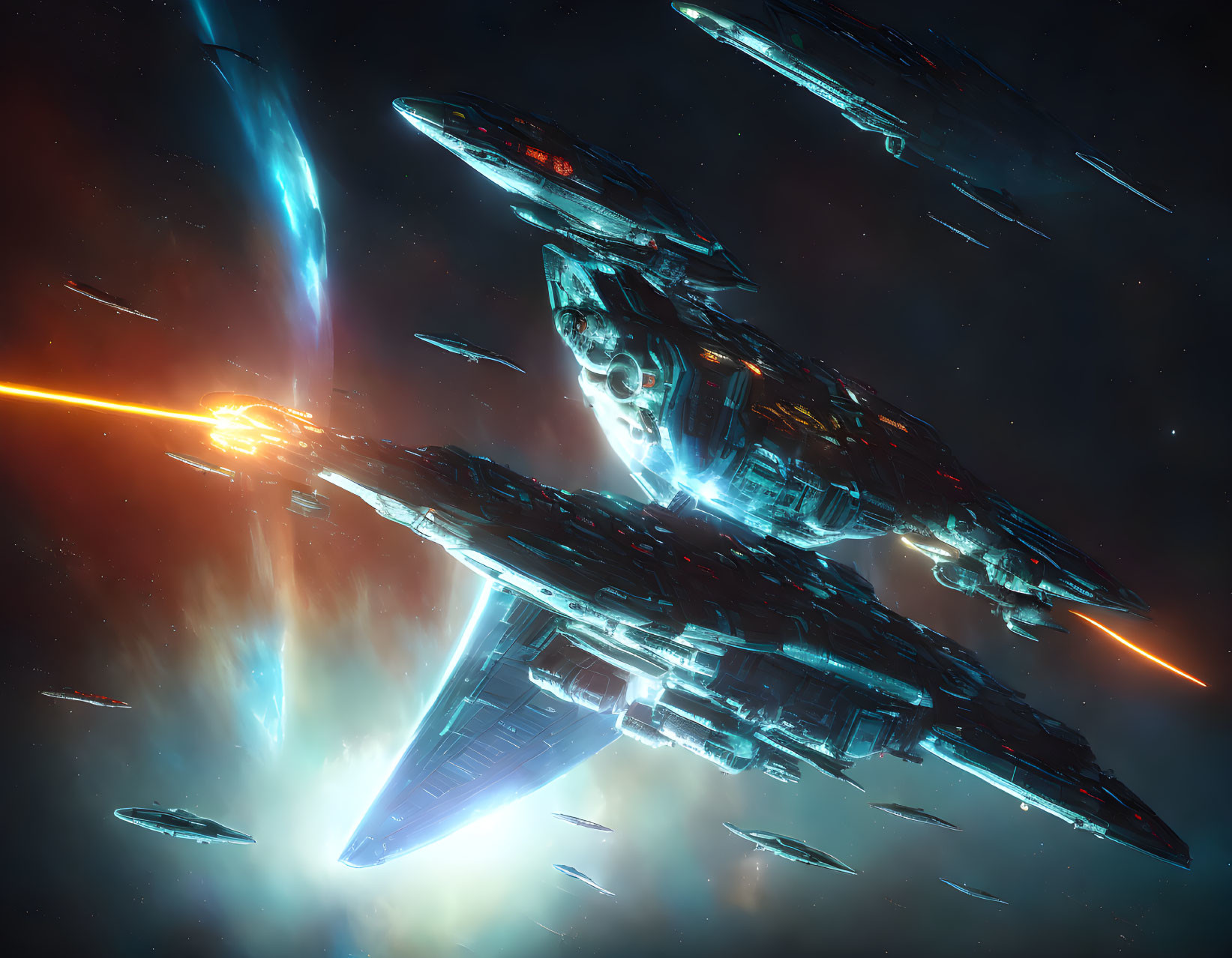 Fierce battle of futuristic spaceships in star-filled galaxy