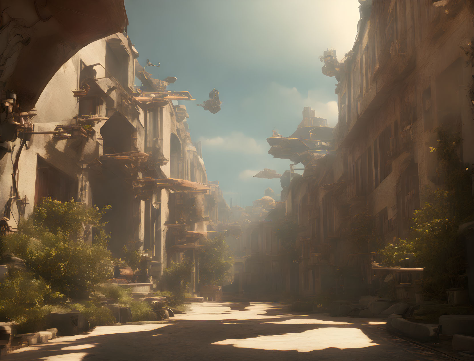 Sunlit fantasy city with aged buildings and floating platforms in a golden haze