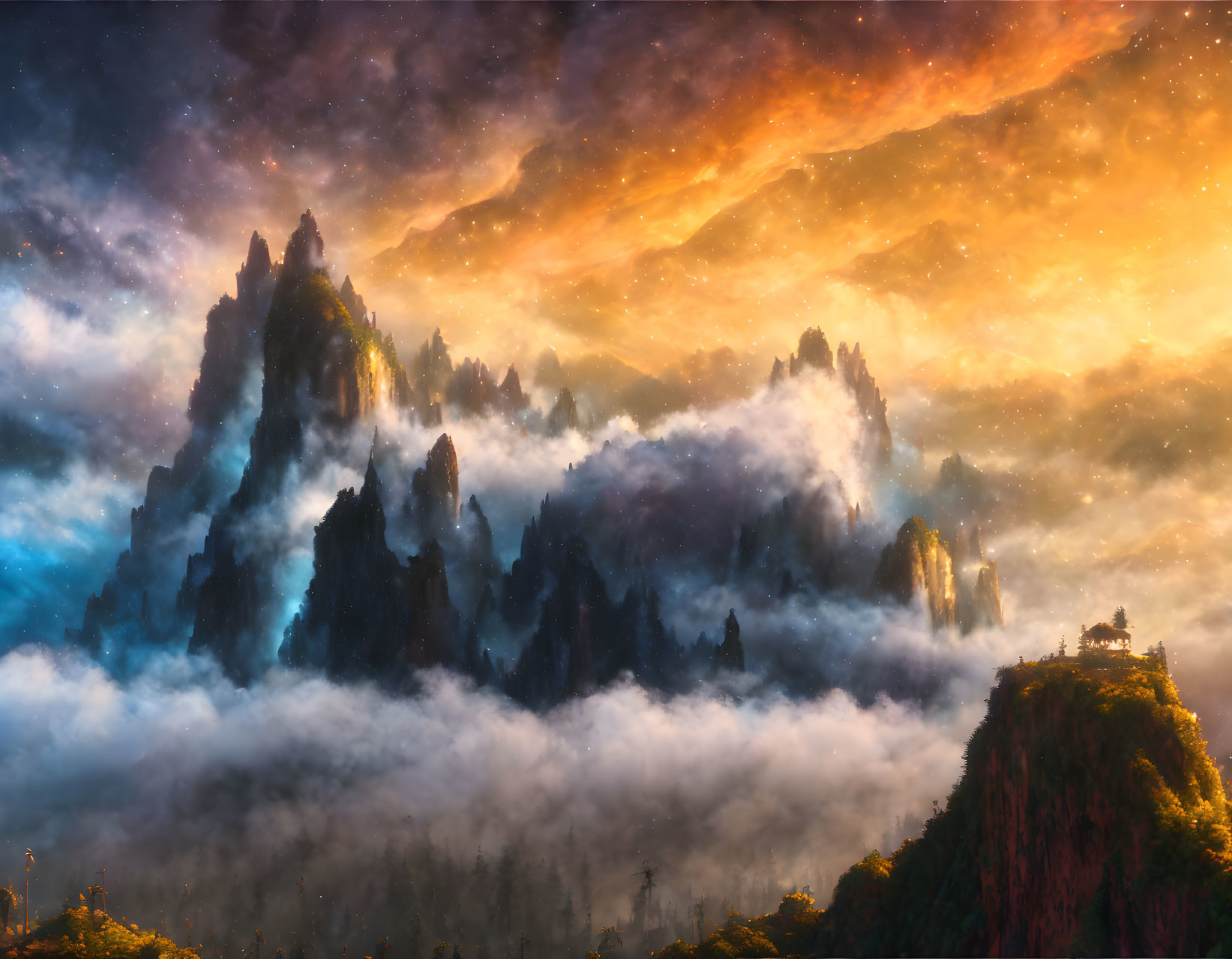 Dramatic sunset over mountain peaks and clouds with cliffside structure