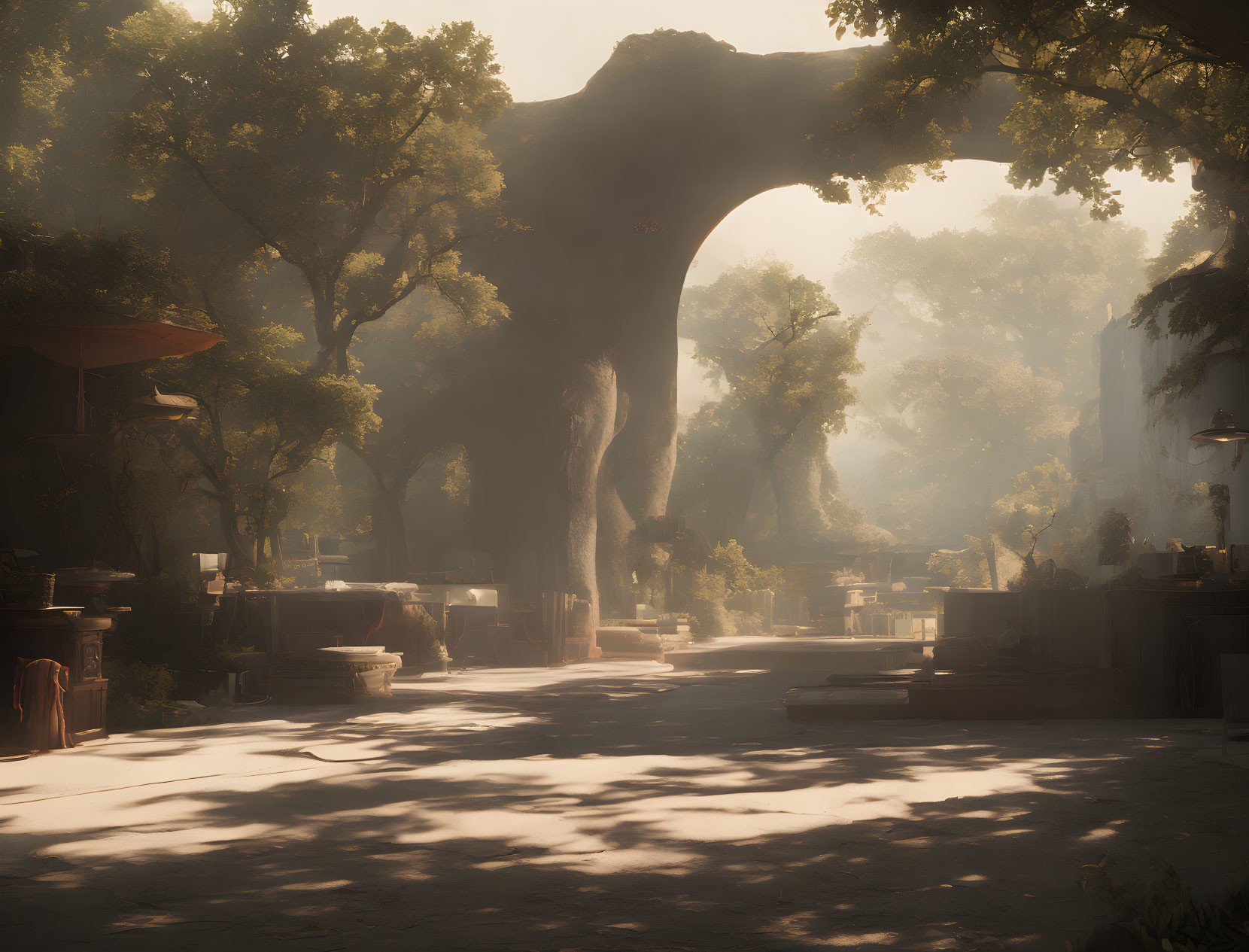 Sunlit mystical forest with ancient stone arch and ruins in lush foliage