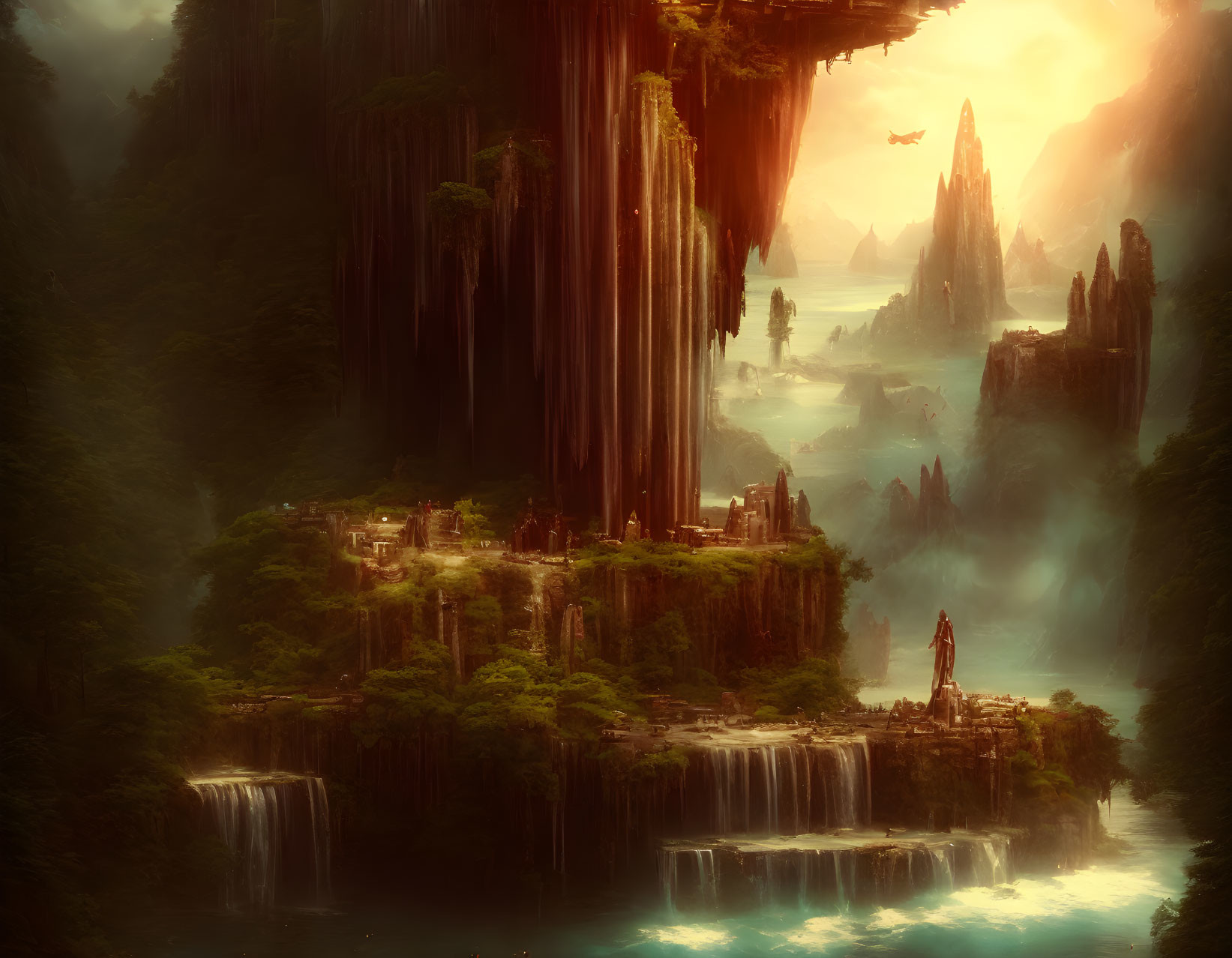 Mystical landscape with waterfalls, ruins, and flying creature in golden light