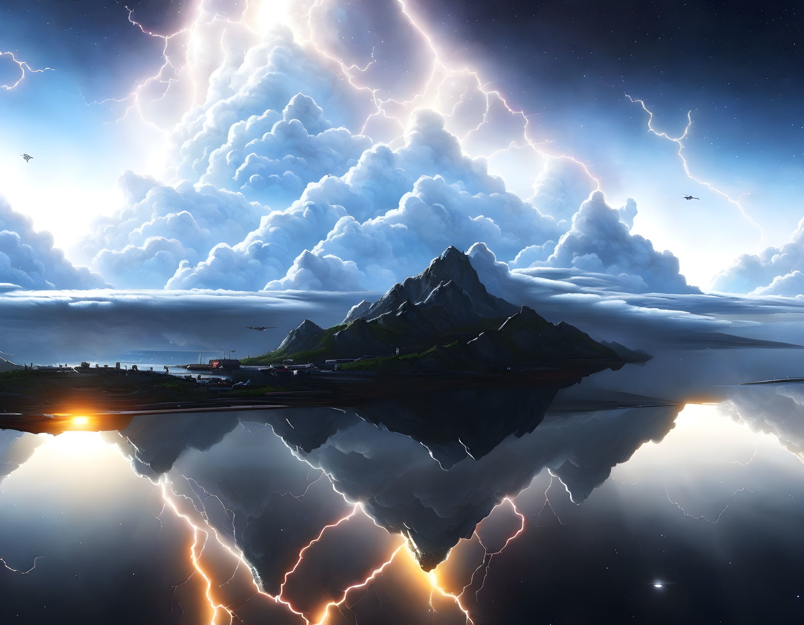 Mountain reflected in still water under night sky with lightning