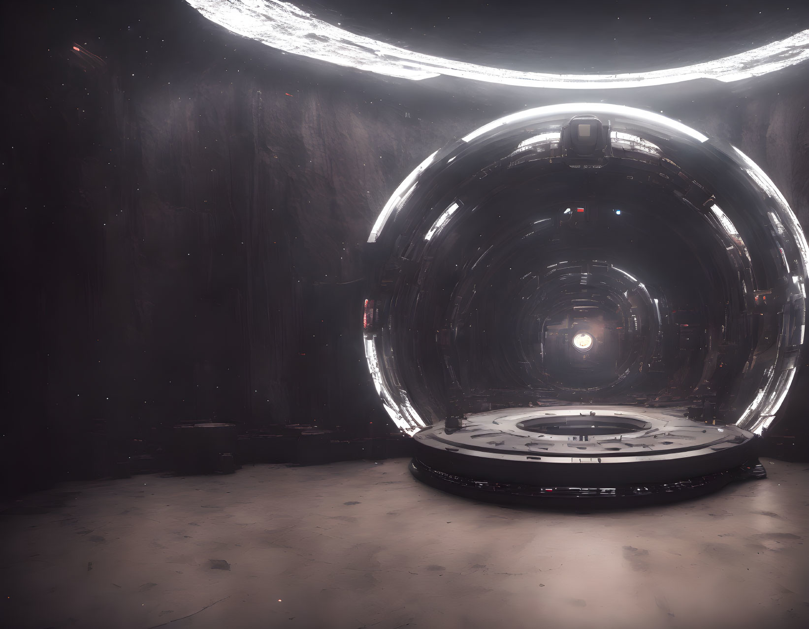 Futuristic circular entrance tunnel with illuminated strip leading to dark metallic corridor