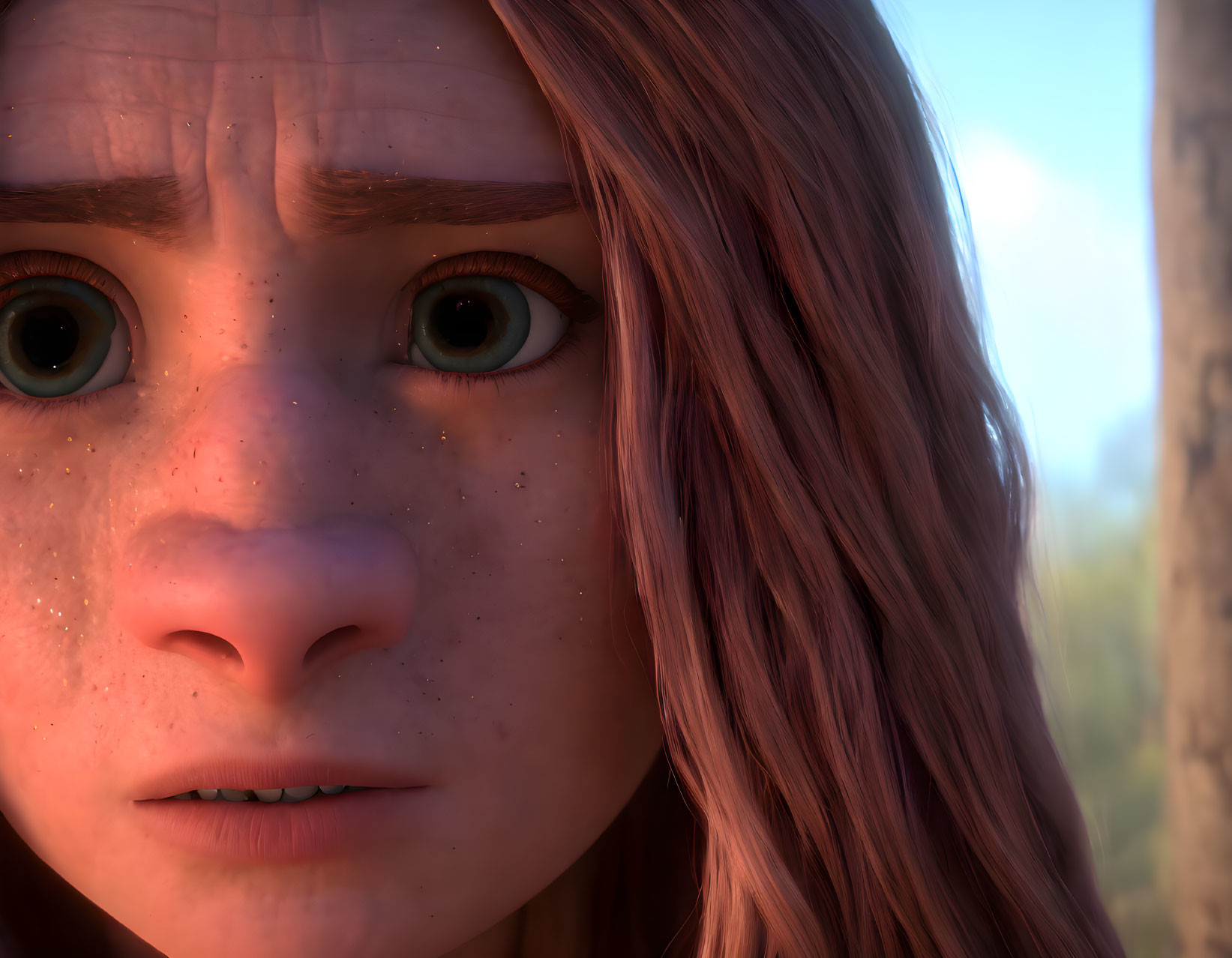 Detailed 3D animated female character with red-brown hair and green eyes