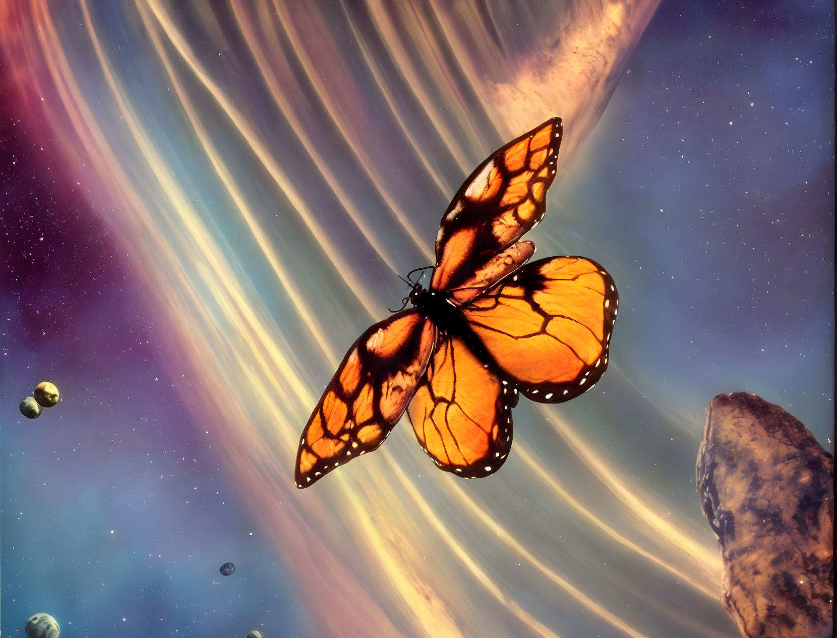 Vivid Orange and Black Butterfly Soaring in Cosmic Galaxy Scene