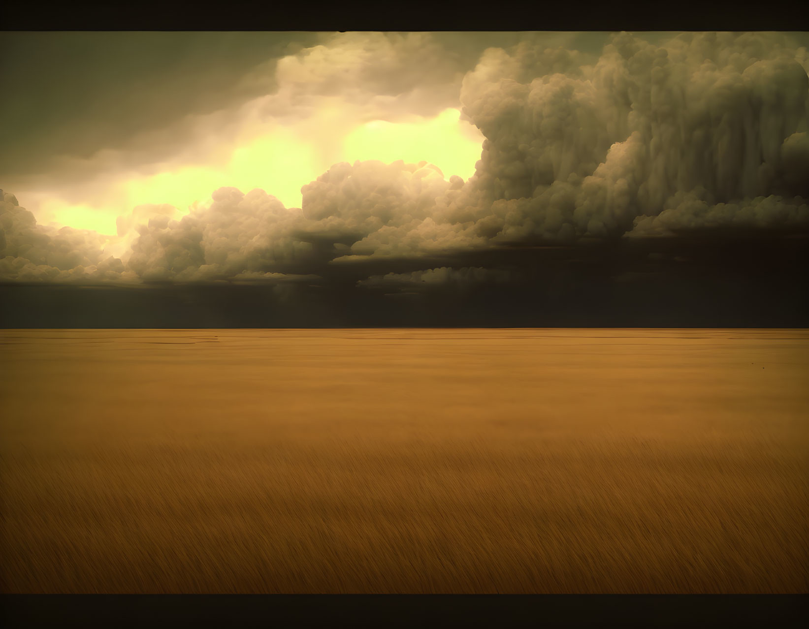 Dramatic landscape with billowing storm clouds above golden field