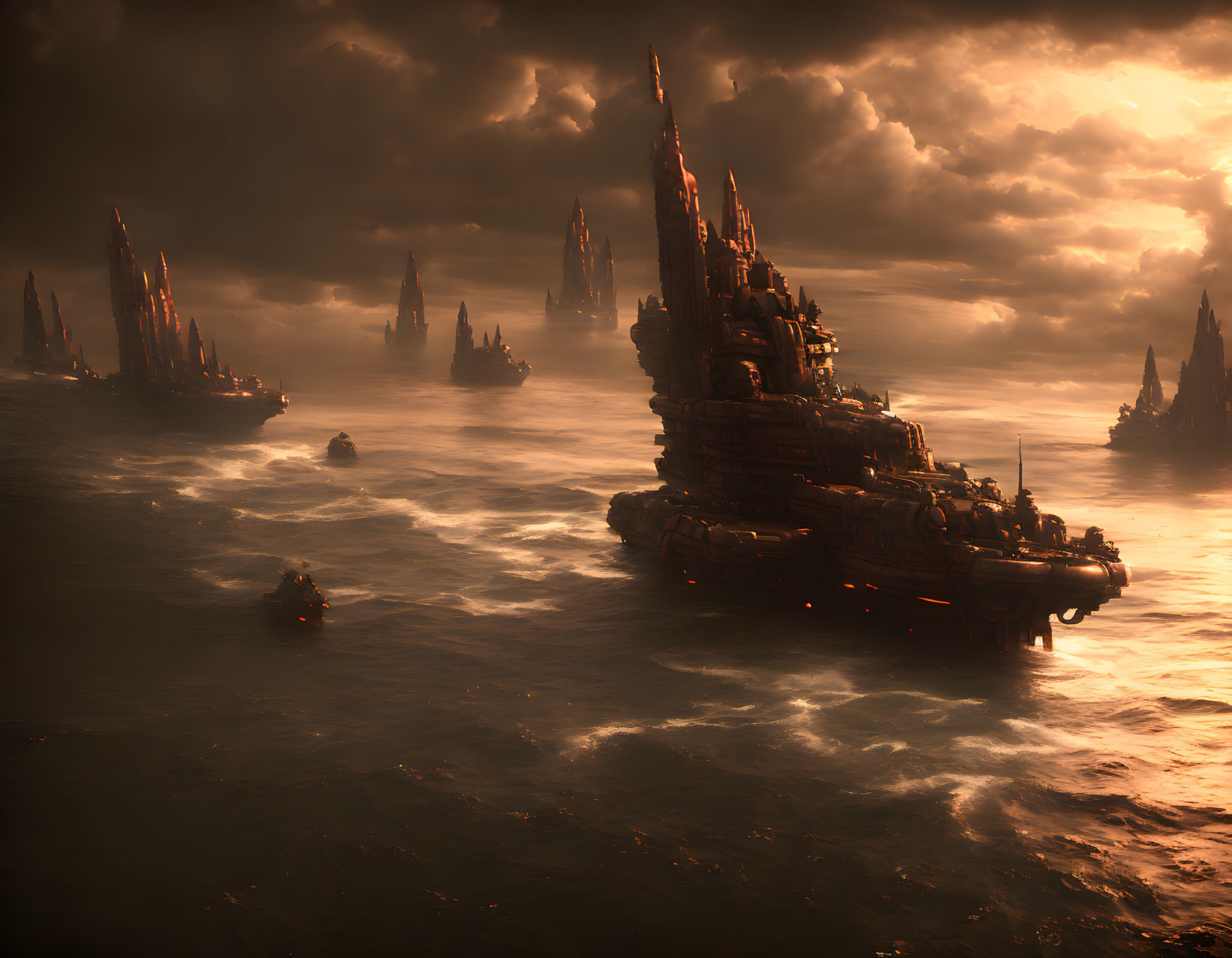 Futuristic ships with towering structures in misty ocean at sunset