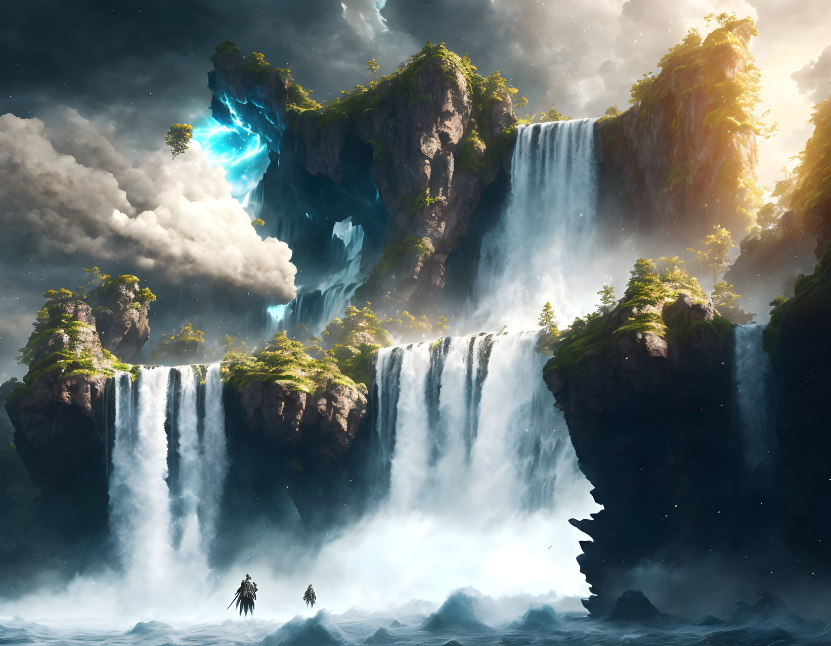 Fantasy landscape with cascading waterfalls and ethereal figures