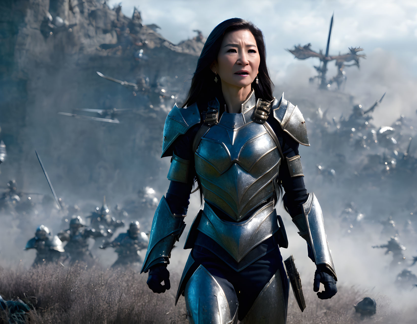 Female Warrior in Futuristic Armor Stands on Battlefield