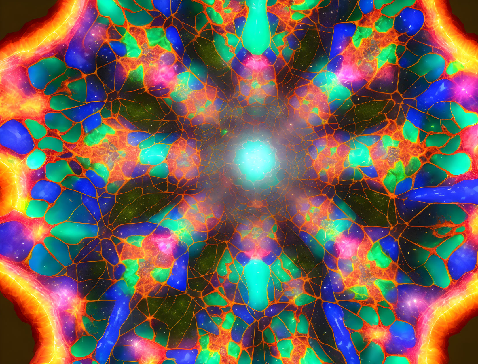 Colorful digital fractal art with orange, blue, and green hues in symmetrical pattern.