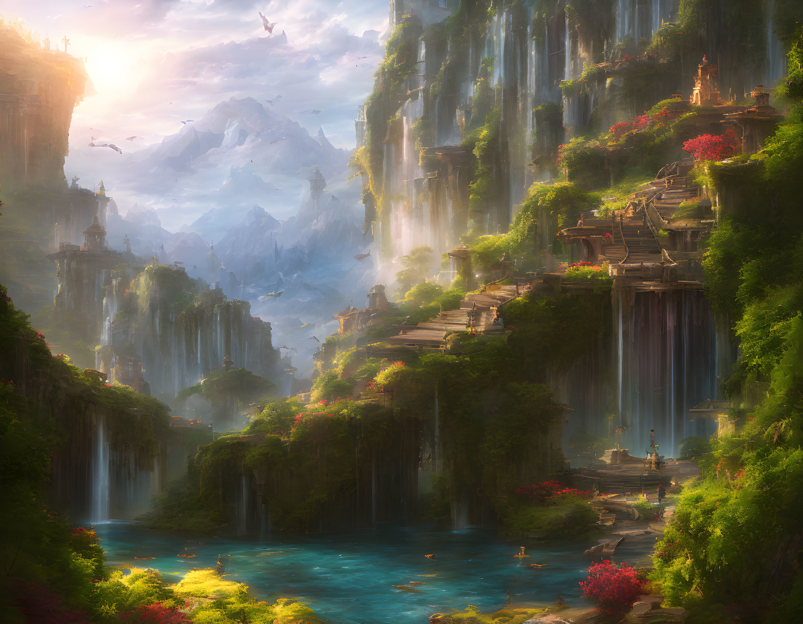 Serene fantasy landscape with lush greenery and waterfalls