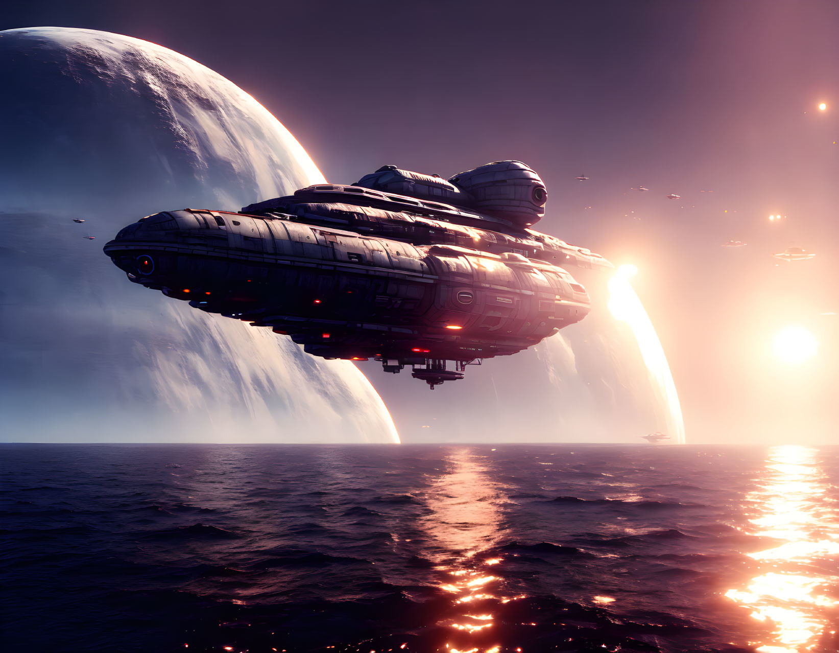 Giant spaceship over calm sea at sunset with massive planet.