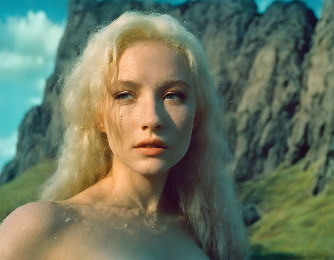 Blonde woman with pale skin in front of rocky landscape