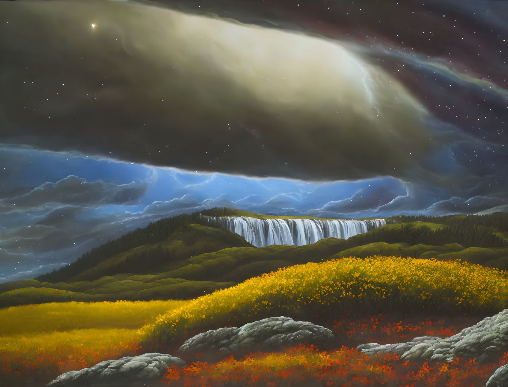 Nighttime painting of waterfall under starry sky with flowers