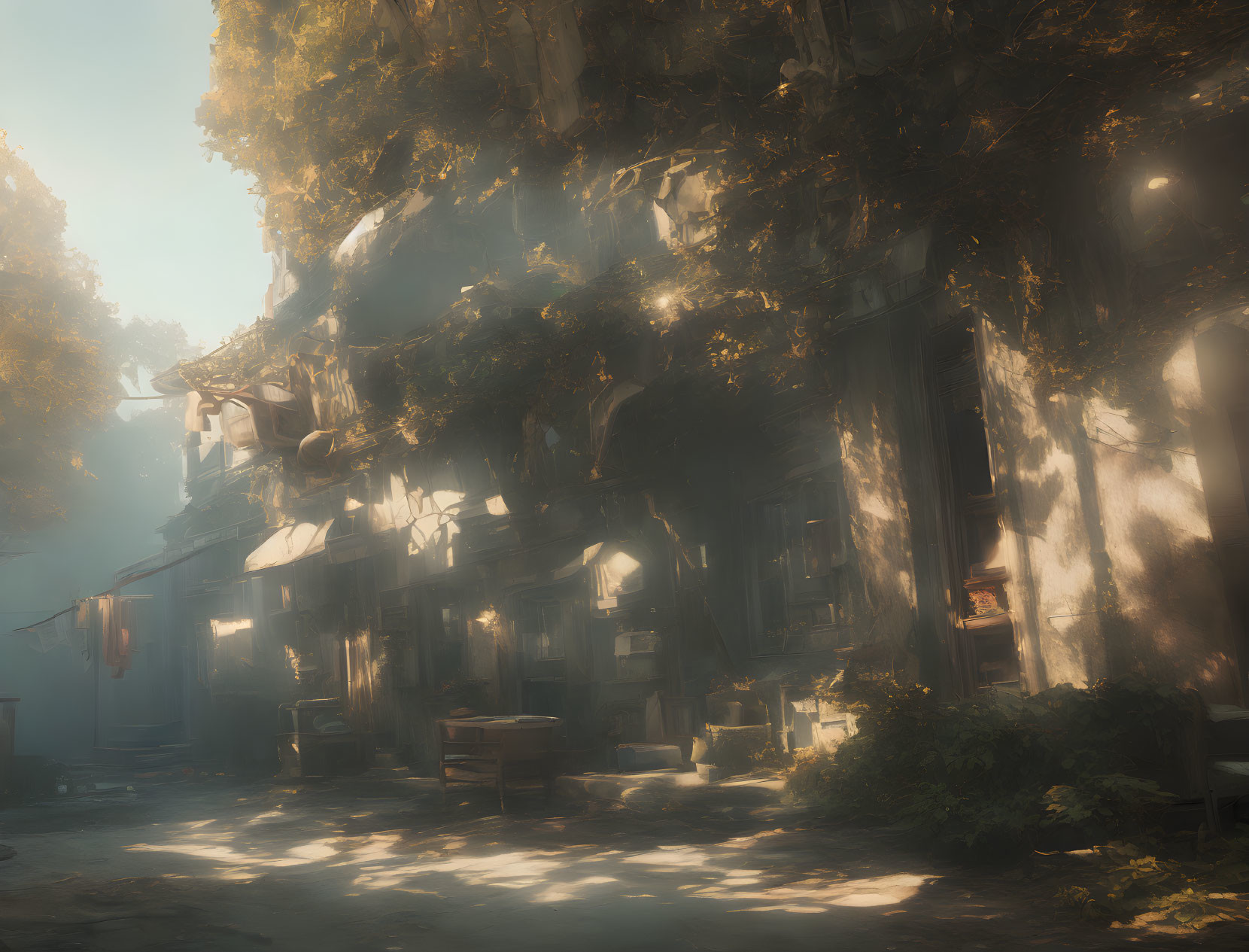 Sunlight filters through dense foliage onto an old, vine-covered building with hanging laundry and scattered furniture.