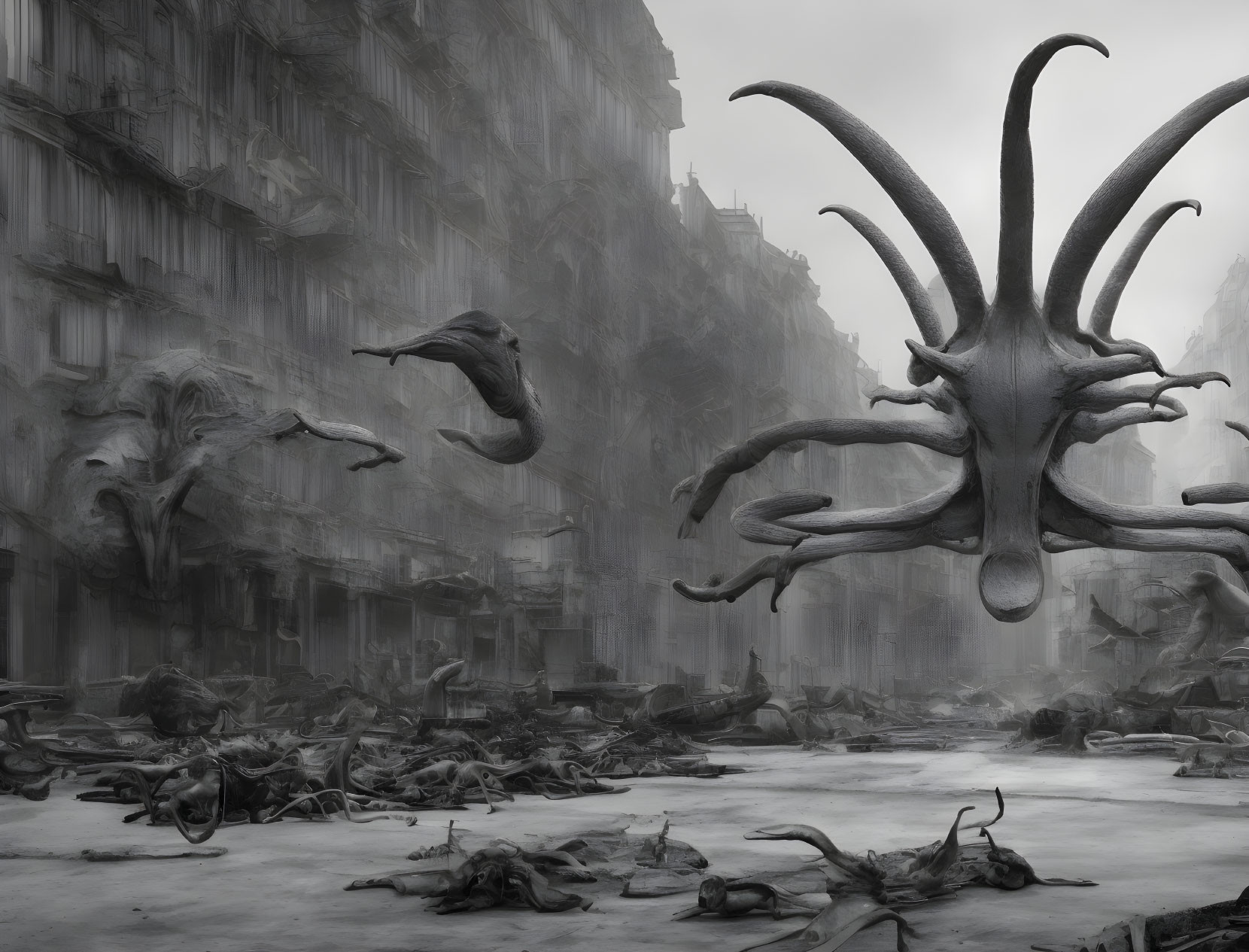 Monochromatic dystopian cityscape with surreal octopus creatures